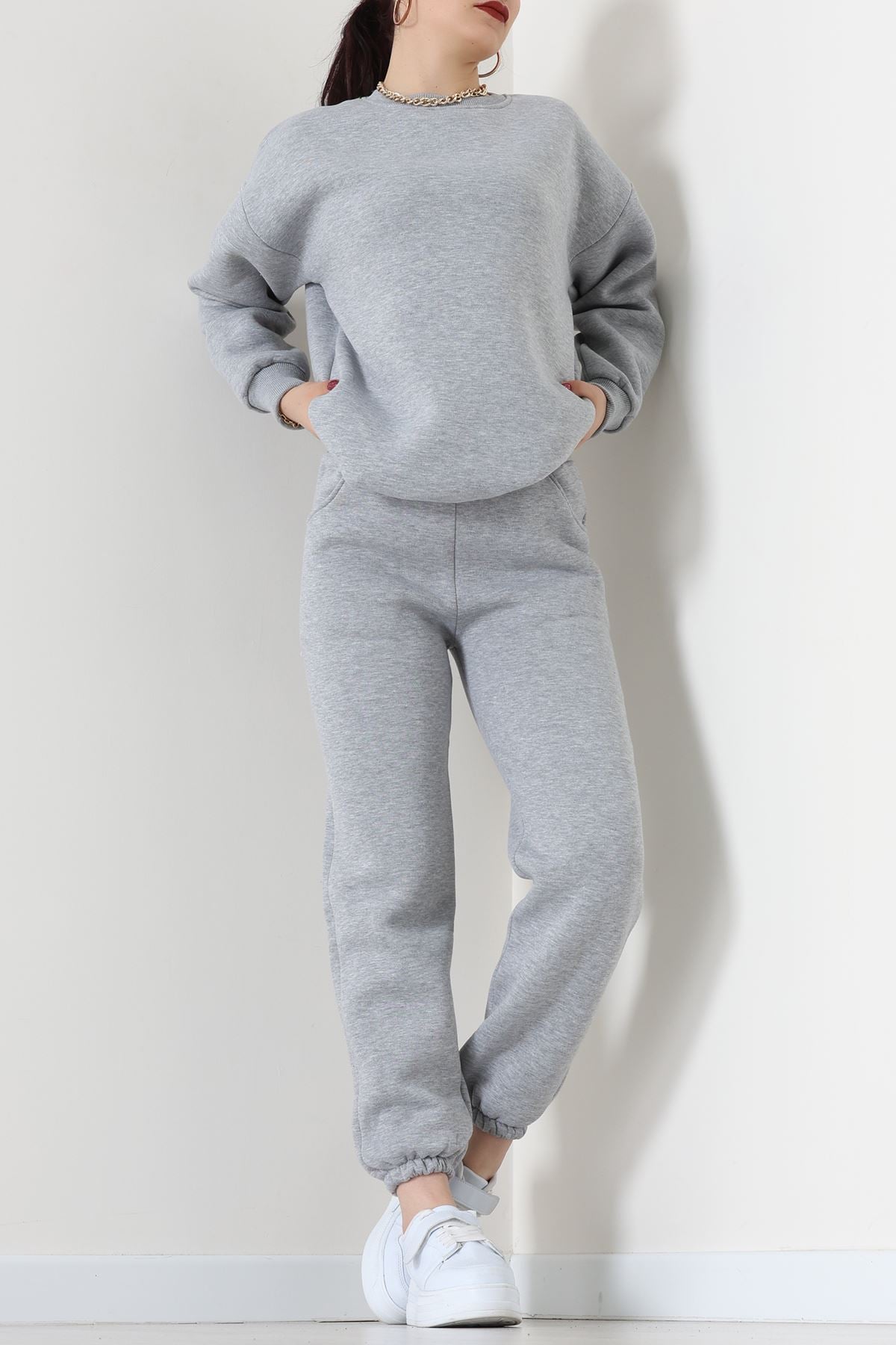 3 İplik Bisiklet Yaka Eşofman Takımı Gri - 20779.1878.