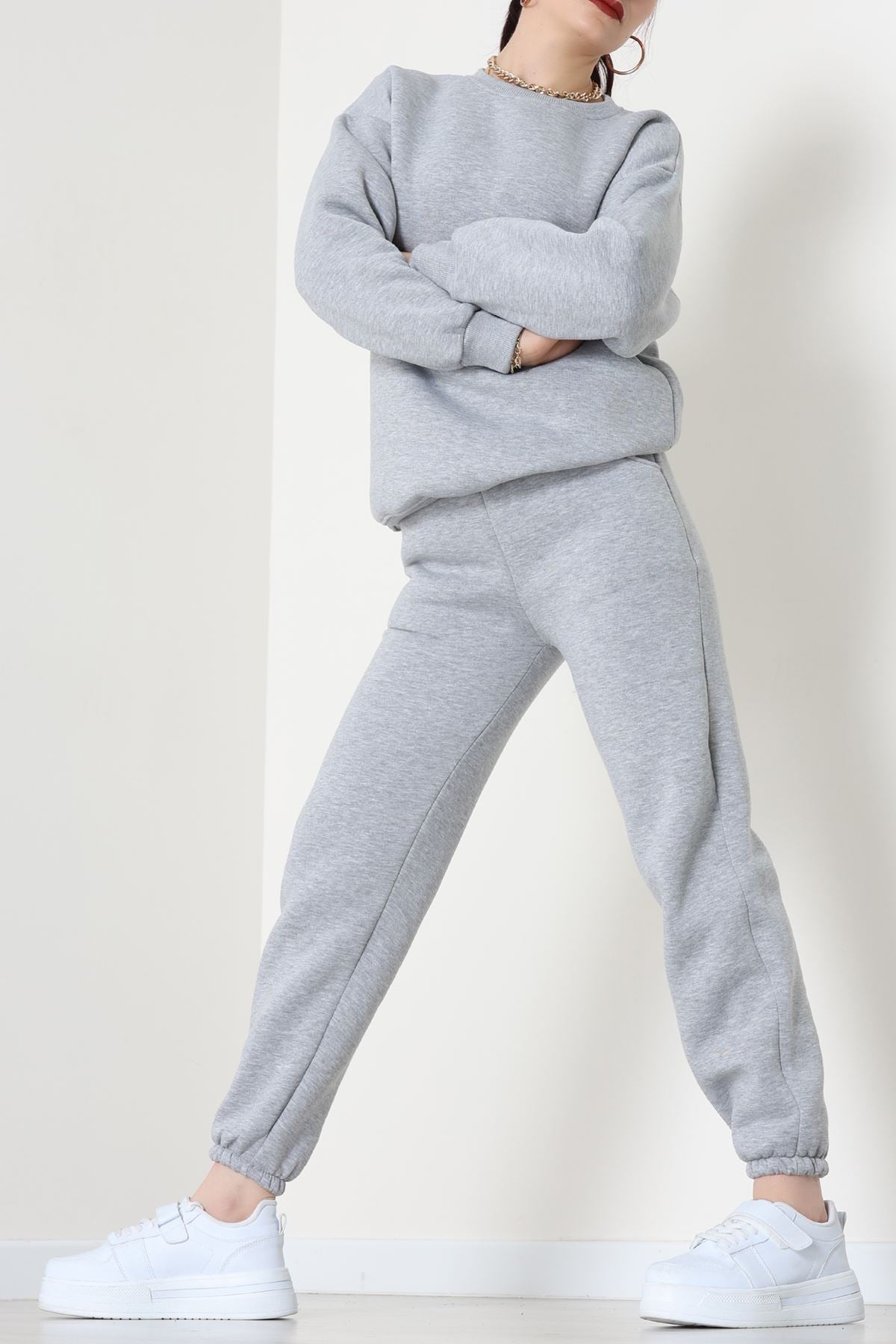 3 İplik Bisiklet Yaka Eşofman Takımı Gri - 20779.1878.