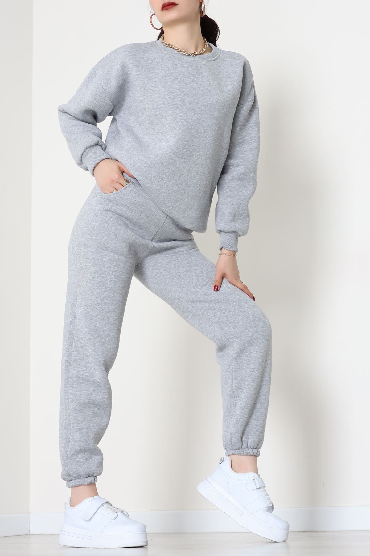 3 İplik Bisiklet Yaka Eşofman Takımı Gri - 20779.1878.