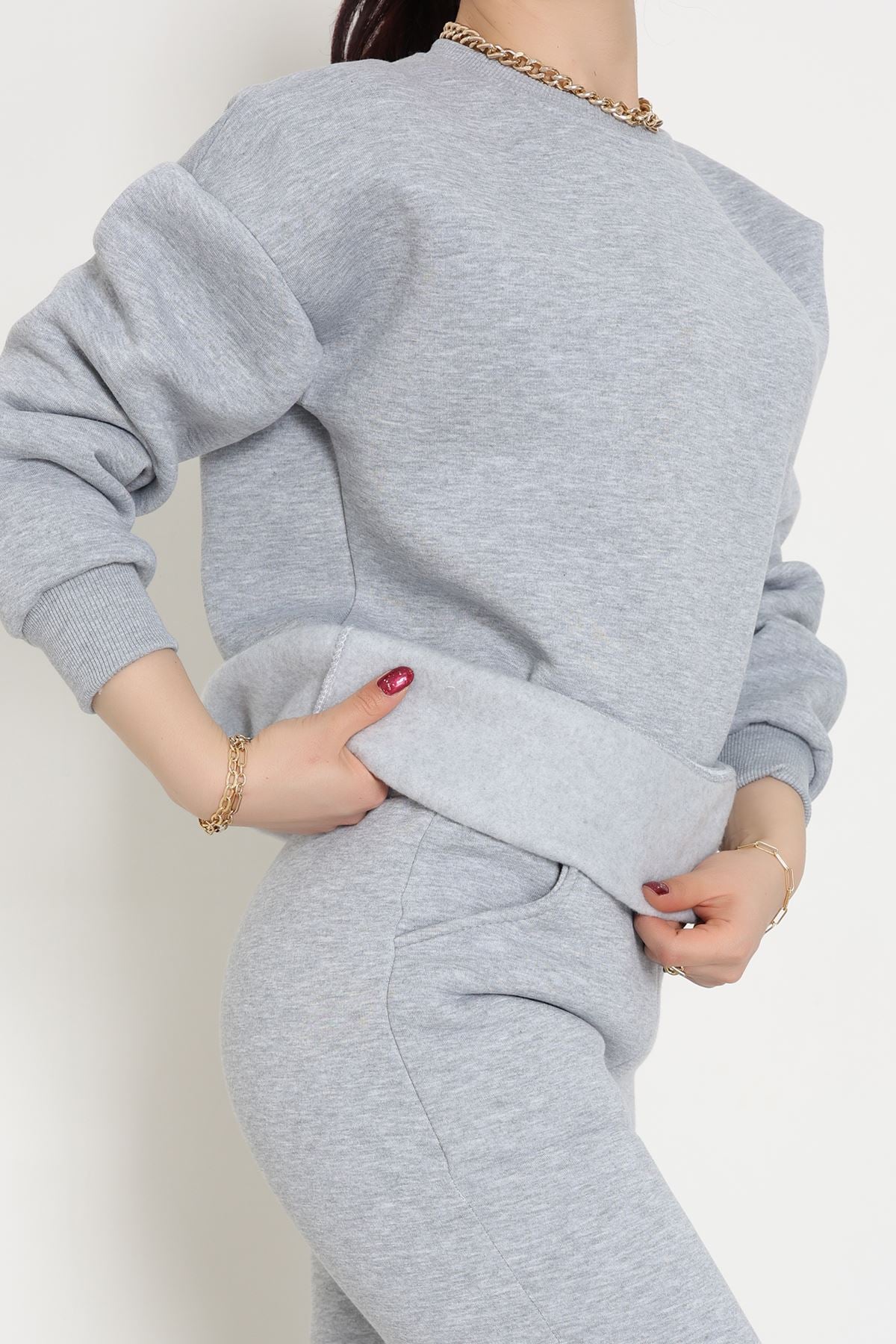 3 İplik Bisiklet Yaka Eşofman Takımı Gri - 20779.1878.