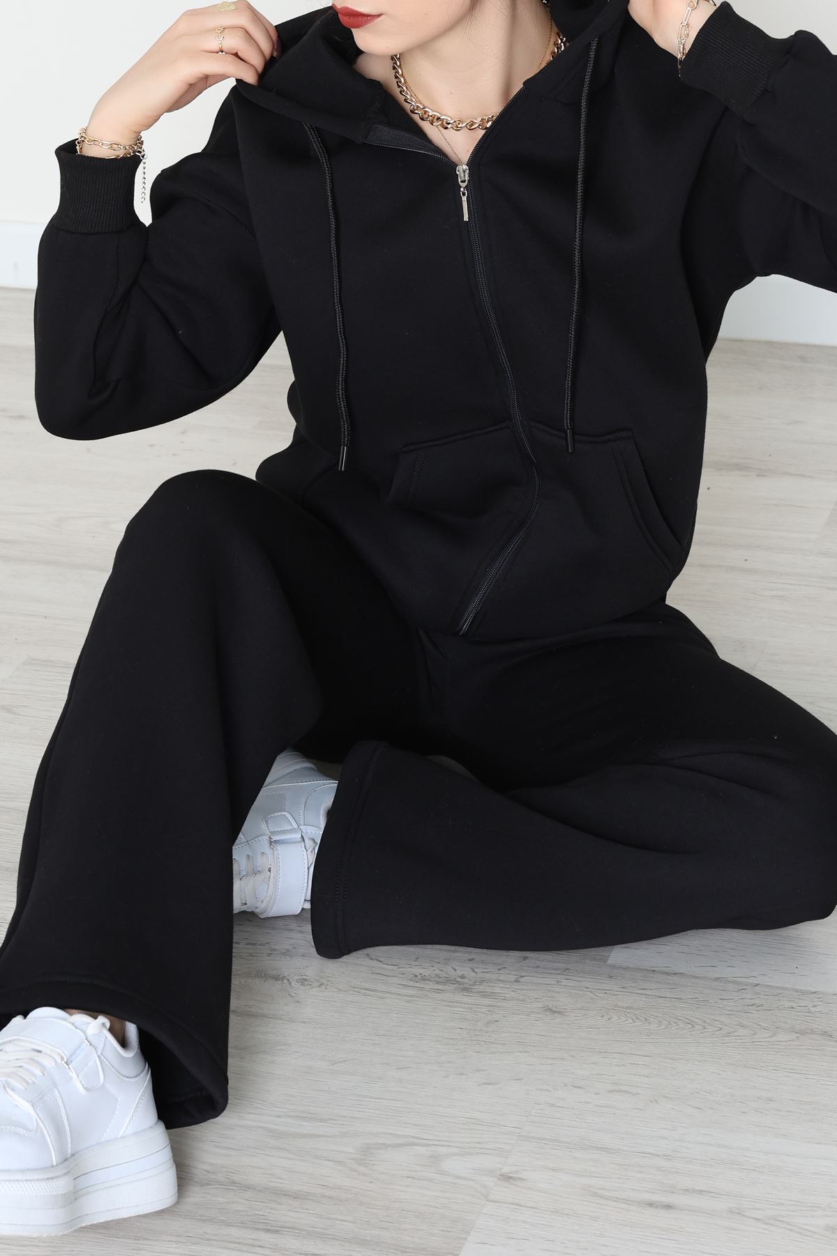 3 İplik Şardonlu Eşofman Takımı Siyah - 20254.1878.