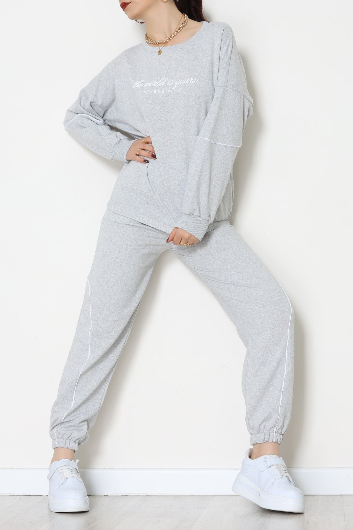 Biyeli Baskılı 2 İplik Eşofman Takımı Gri - 50791.1857.