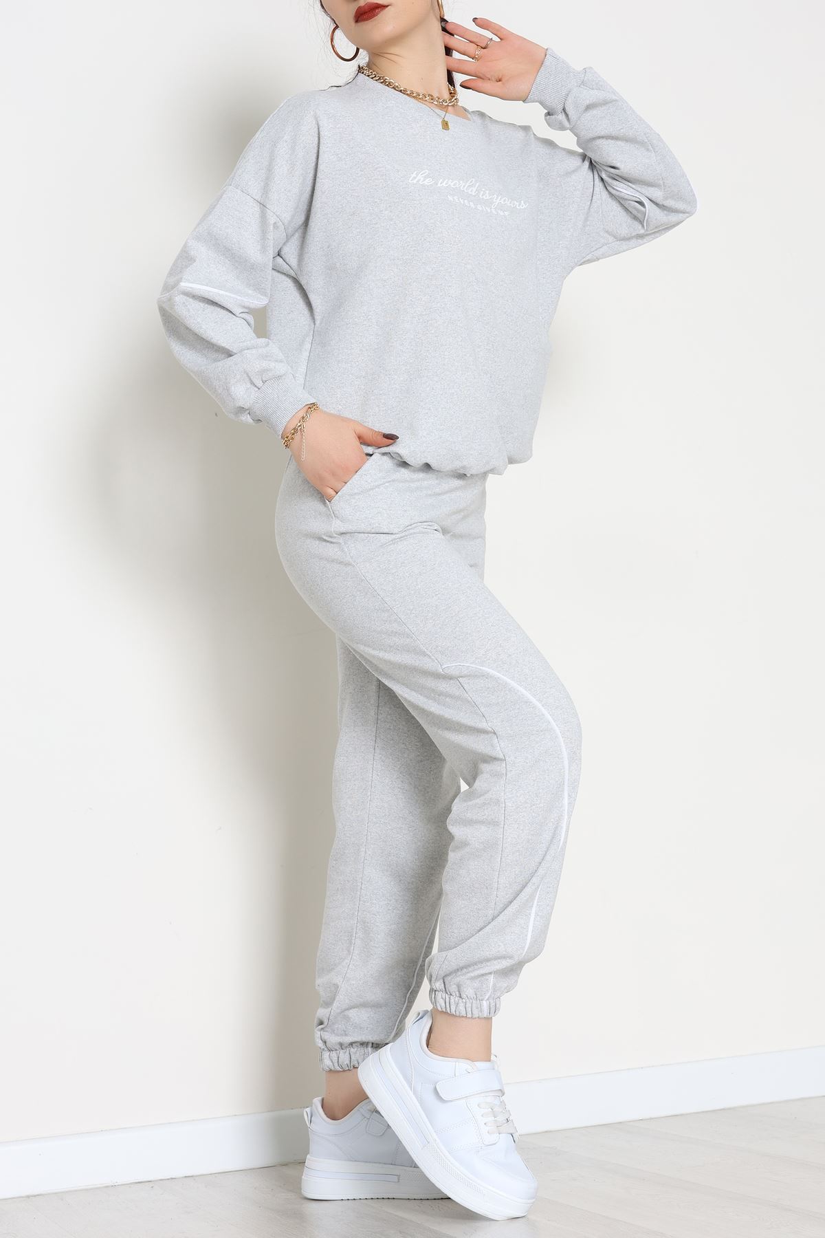 Biyeli Baskılı 2 İplik Eşofman Takımı Gri - 50791.1857.