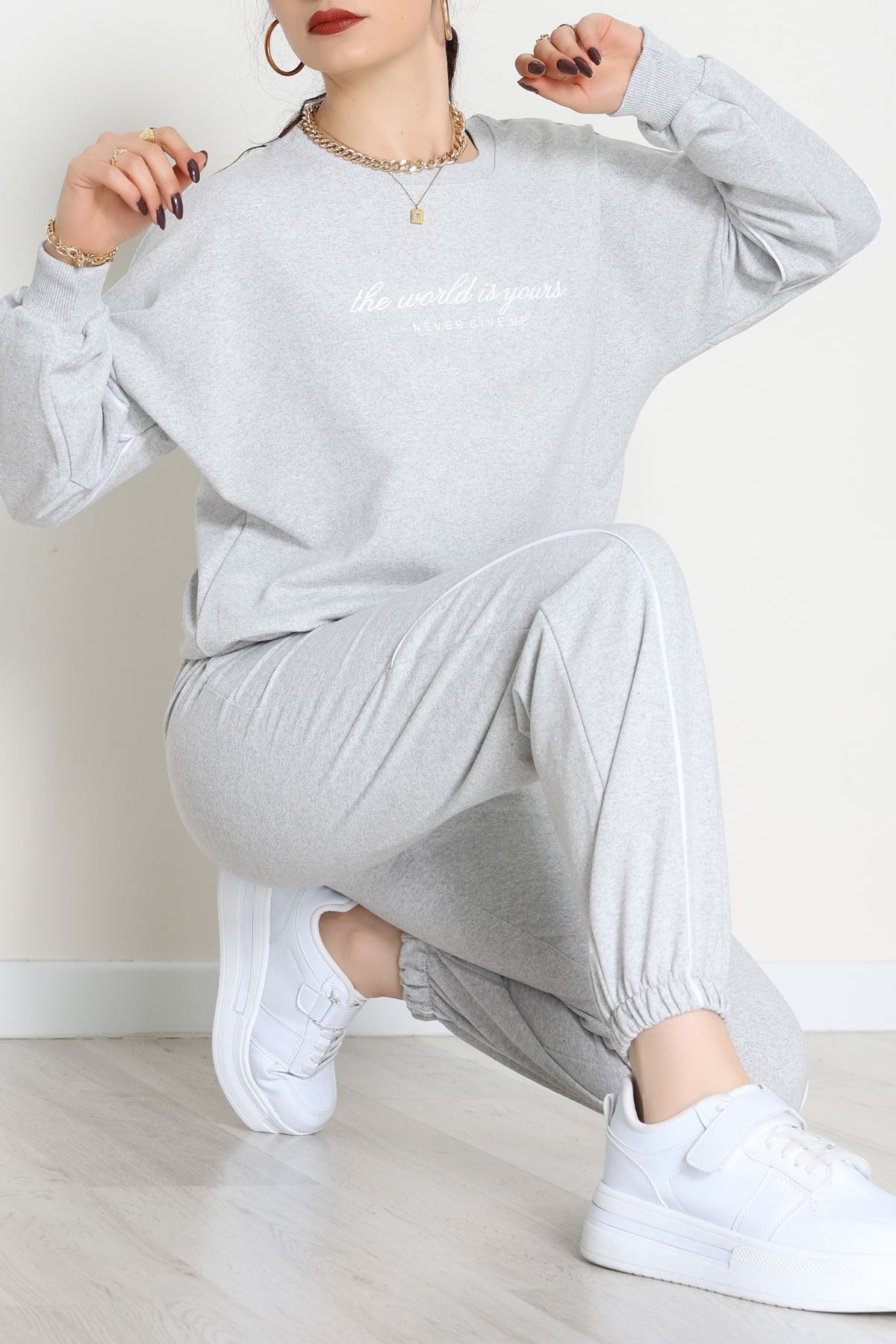 Biyeli Baskılı 2 İplik Eşofman Takımı Gri - 50791.1857.