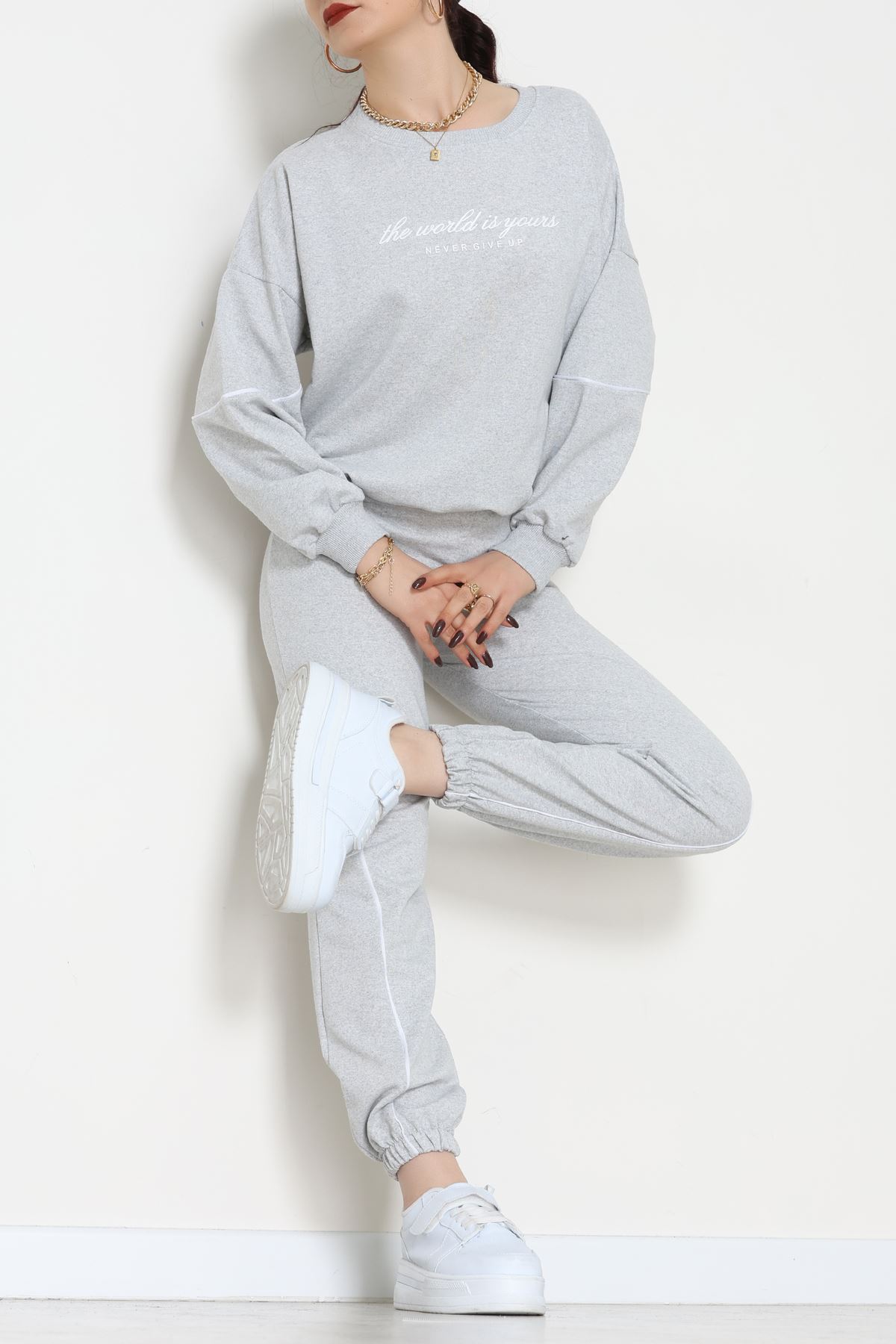 Biyeli Baskılı 2 İplik Eşofman Takımı Gri - 50791.1857.