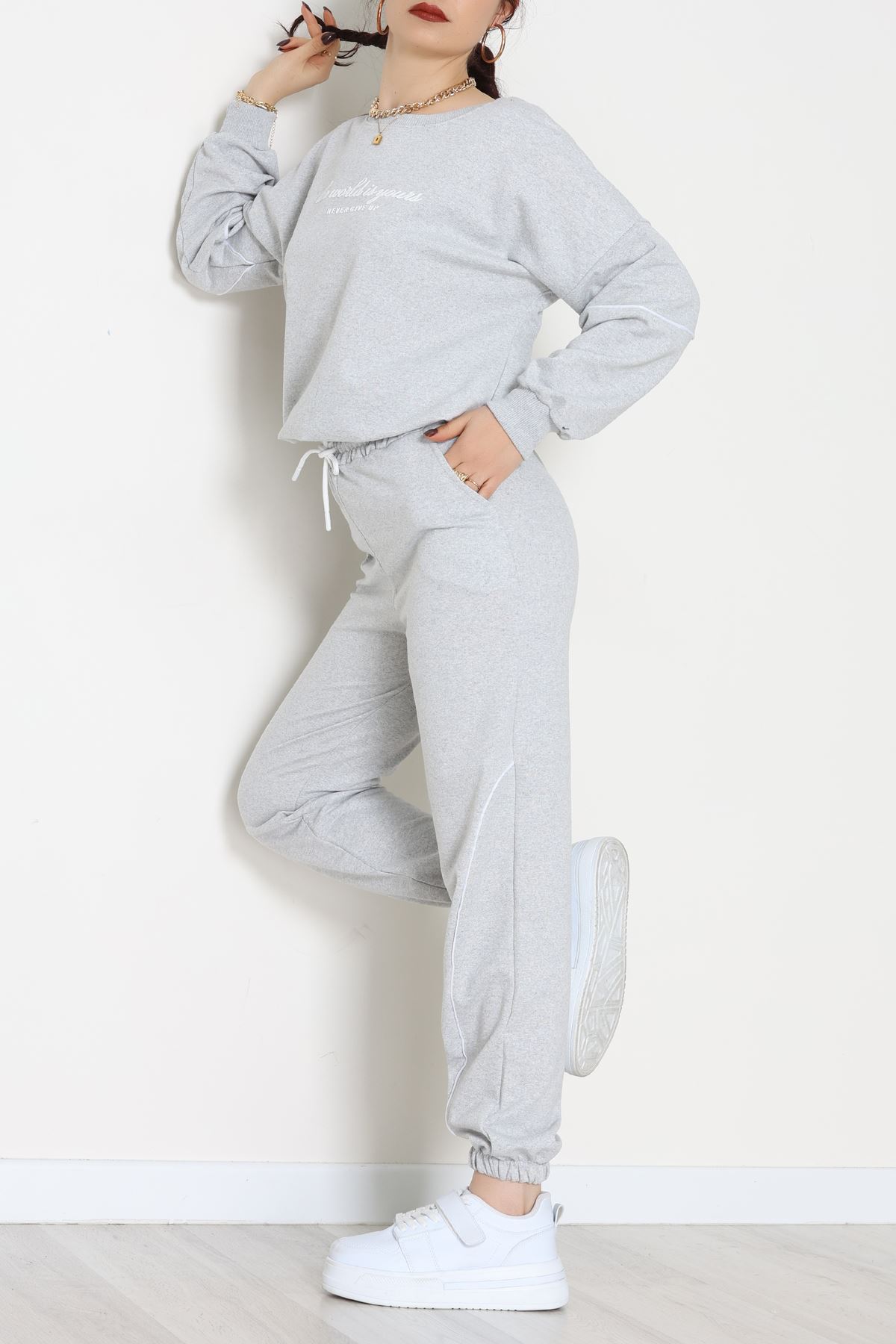 Biyeli Baskılı 2 İplik Eşofman Takımı Gri - 50791.1857.