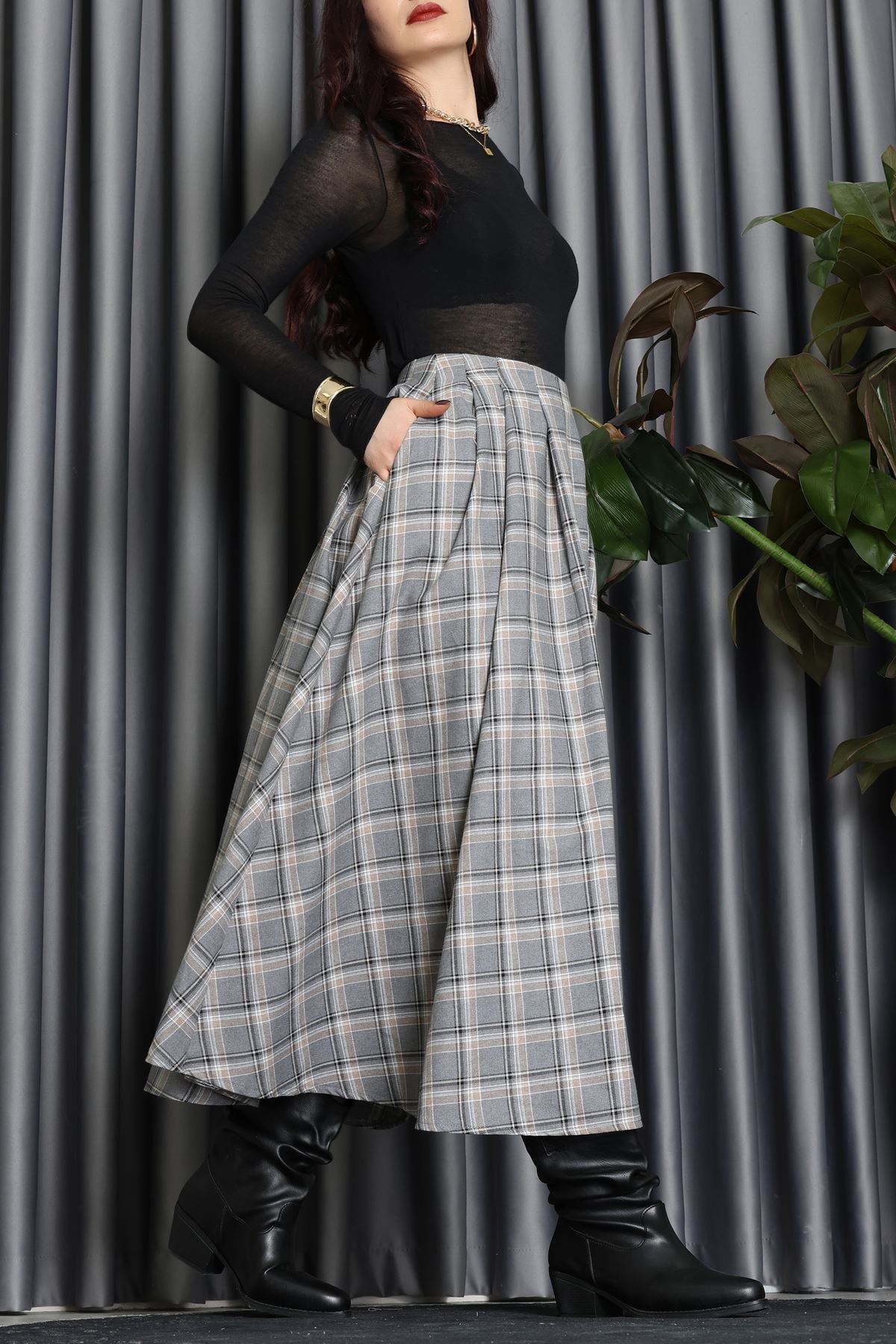 Beli Pileli Ekose Etek Gri - 51257.1909.