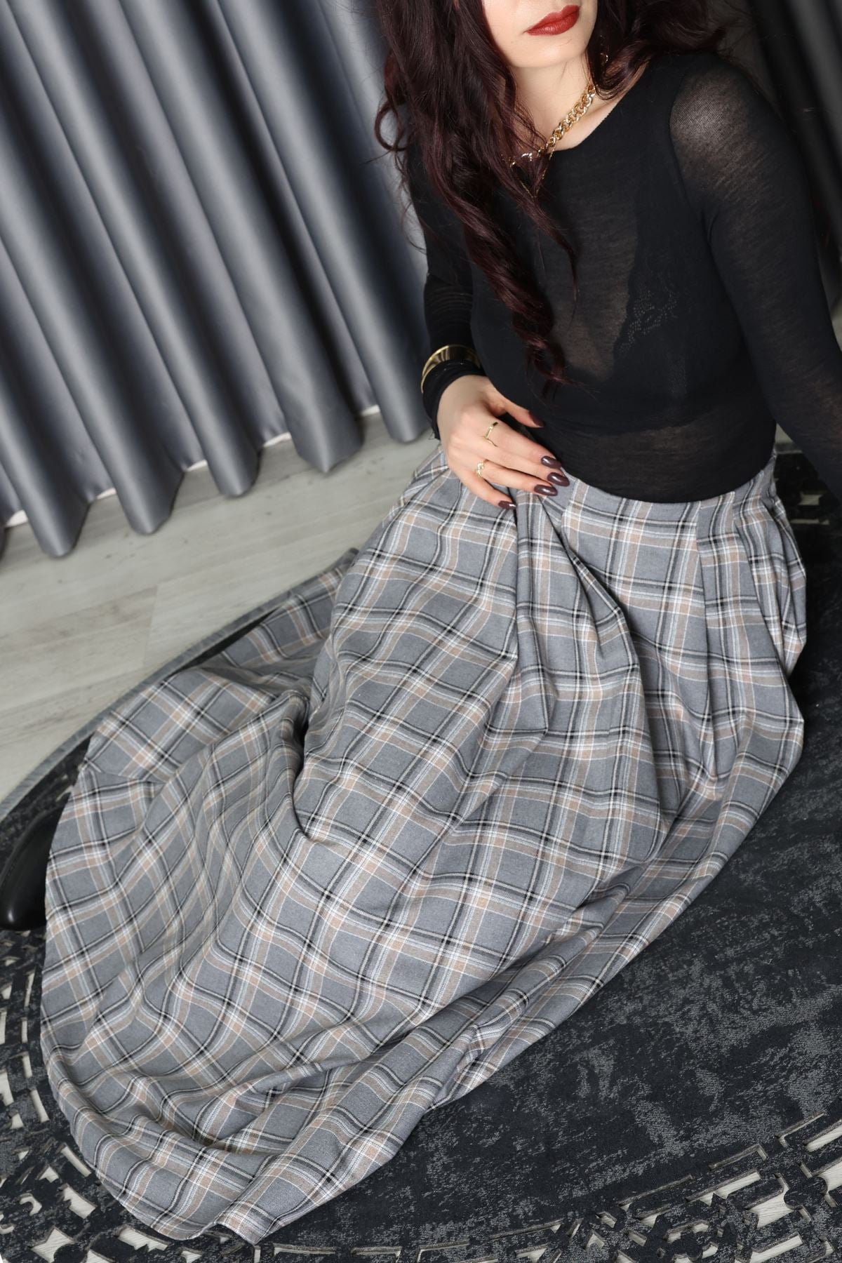 Beli Pileli Ekose Etek Gri - 51257.1909.