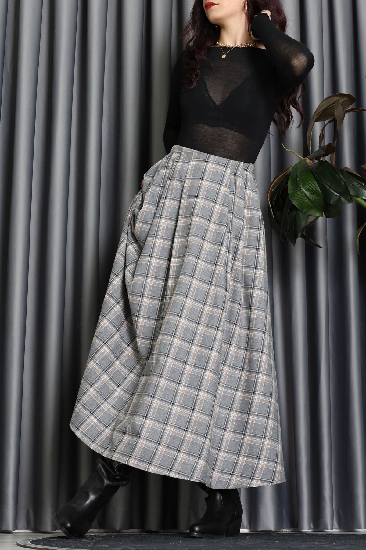 Beli Pileli Ekose Etek Gri - 51257.1909.