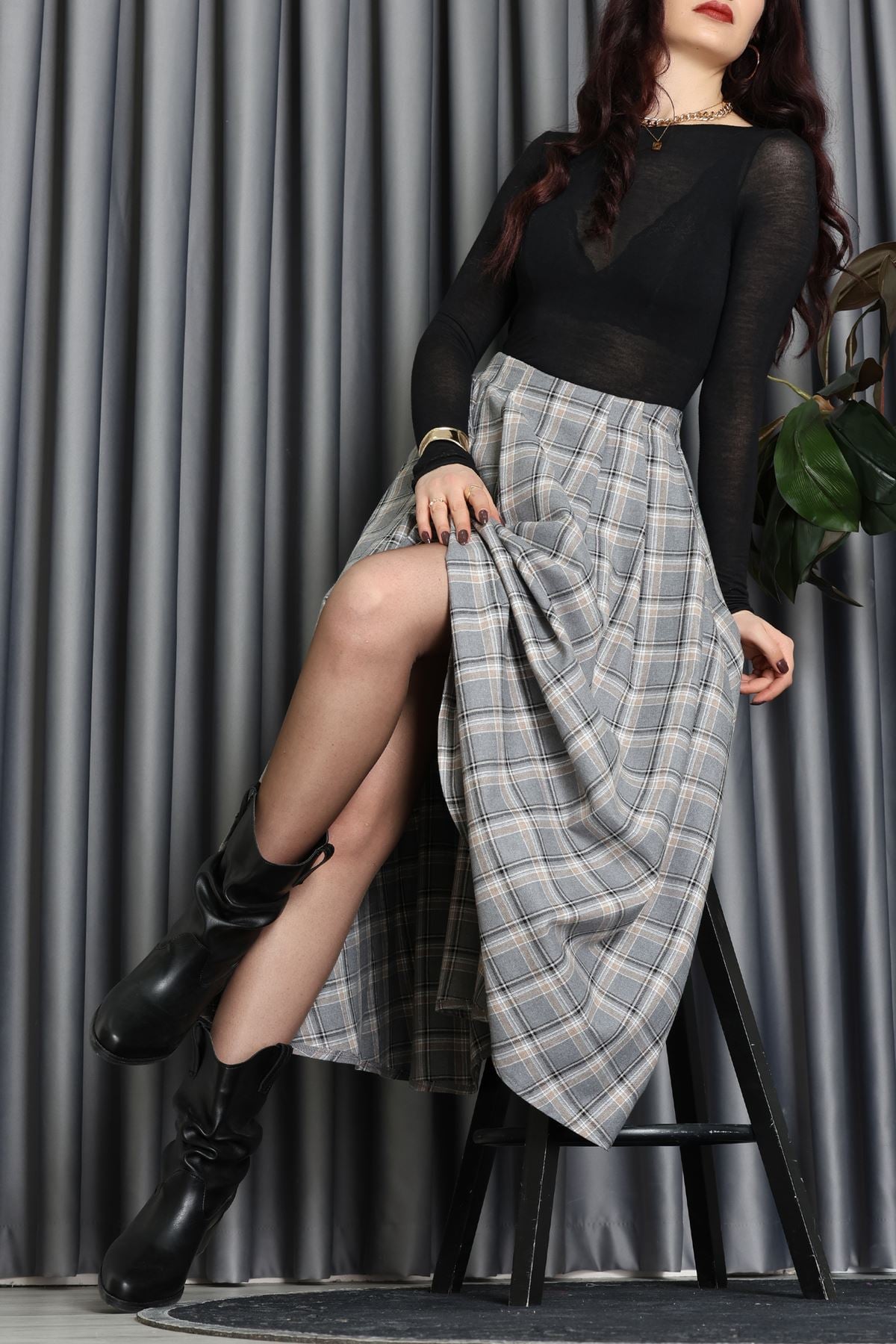 Beli Pileli Ekose Etek Gri - 51257.1909.