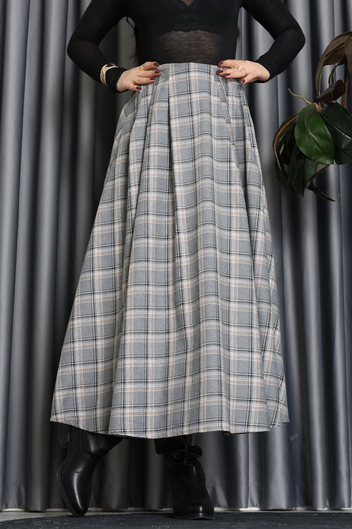 Beli Pileli Ekose Etek Gri - 51257.1909.