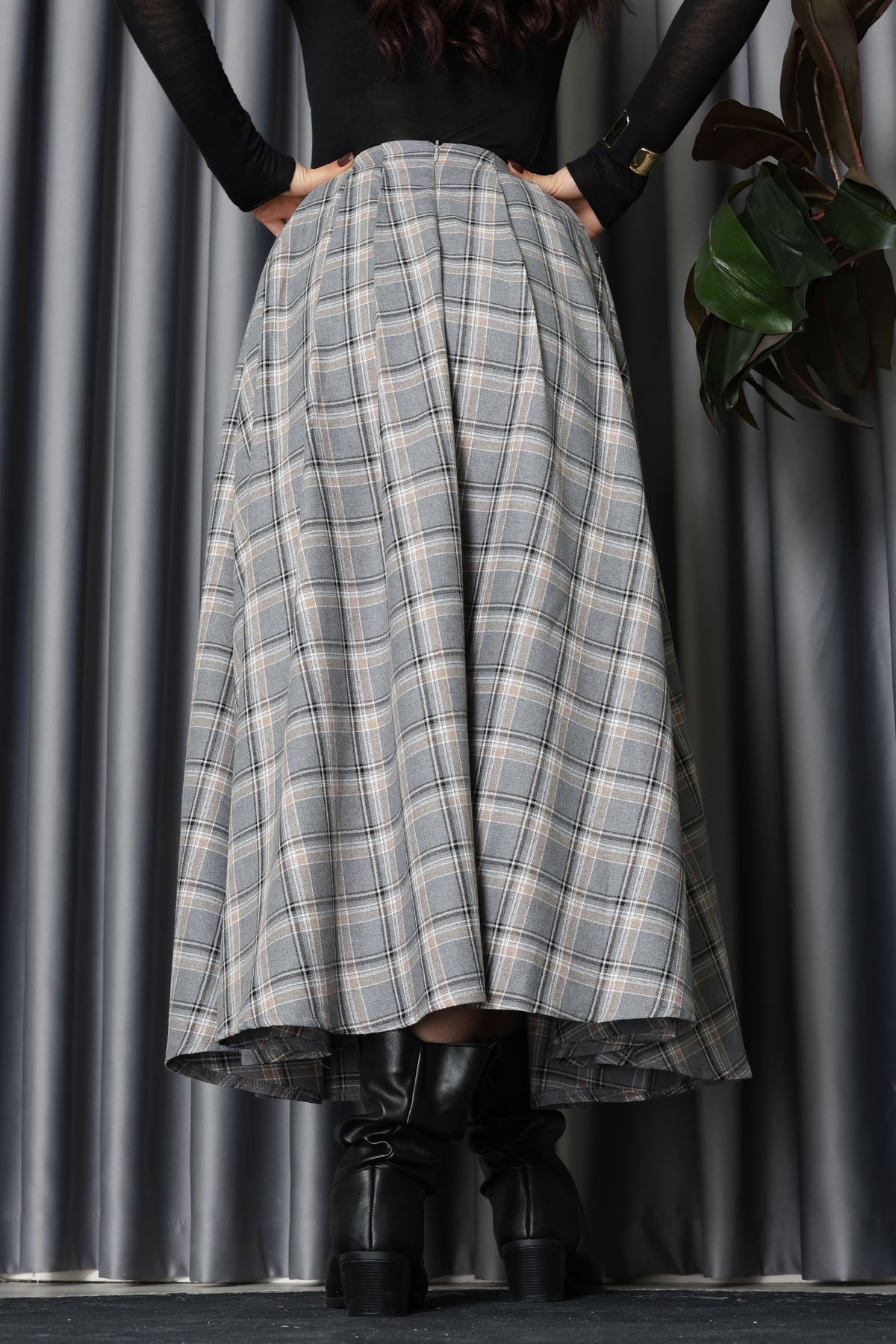 Beli Pileli Ekose Etek Gri - 51257.1909.