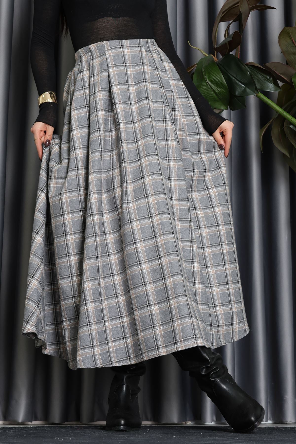 Beli Pileli Ekose Etek Gri - 51257.1909.