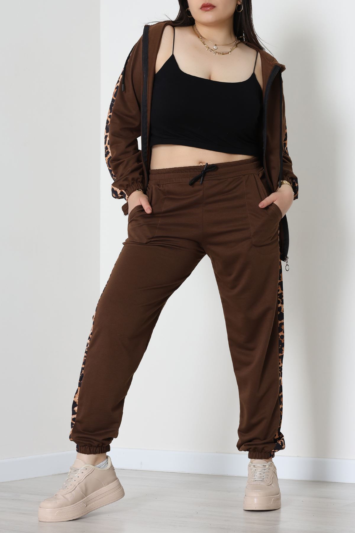 Şeritli 2 İplik Büyük Beden Eşofman Takımı Kahve - 50806.1857.