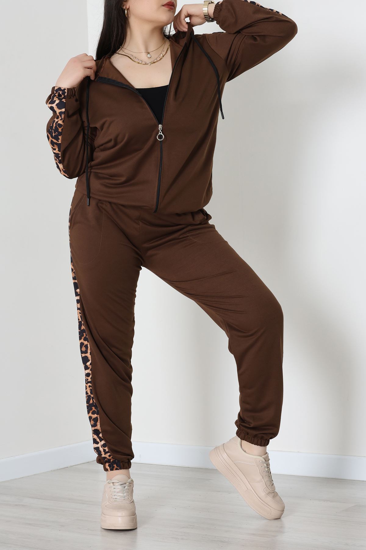 Şeritli 2 İplik Büyük Beden Eşofman Takımı Kahve - 50806.1857.