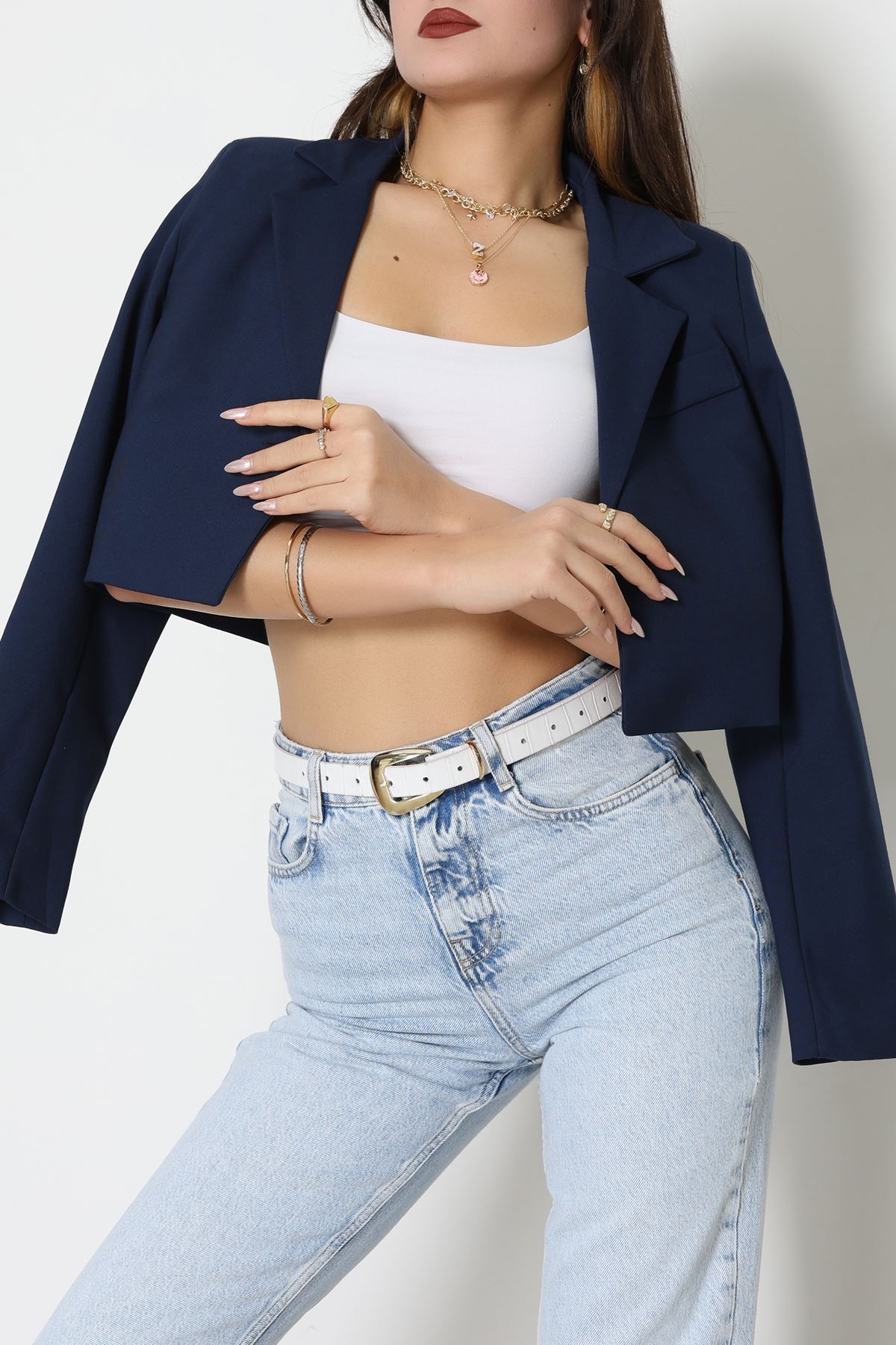 Astarlı Poliviskon Kısa Blazer Ceket Lacivert - 31824.1397.