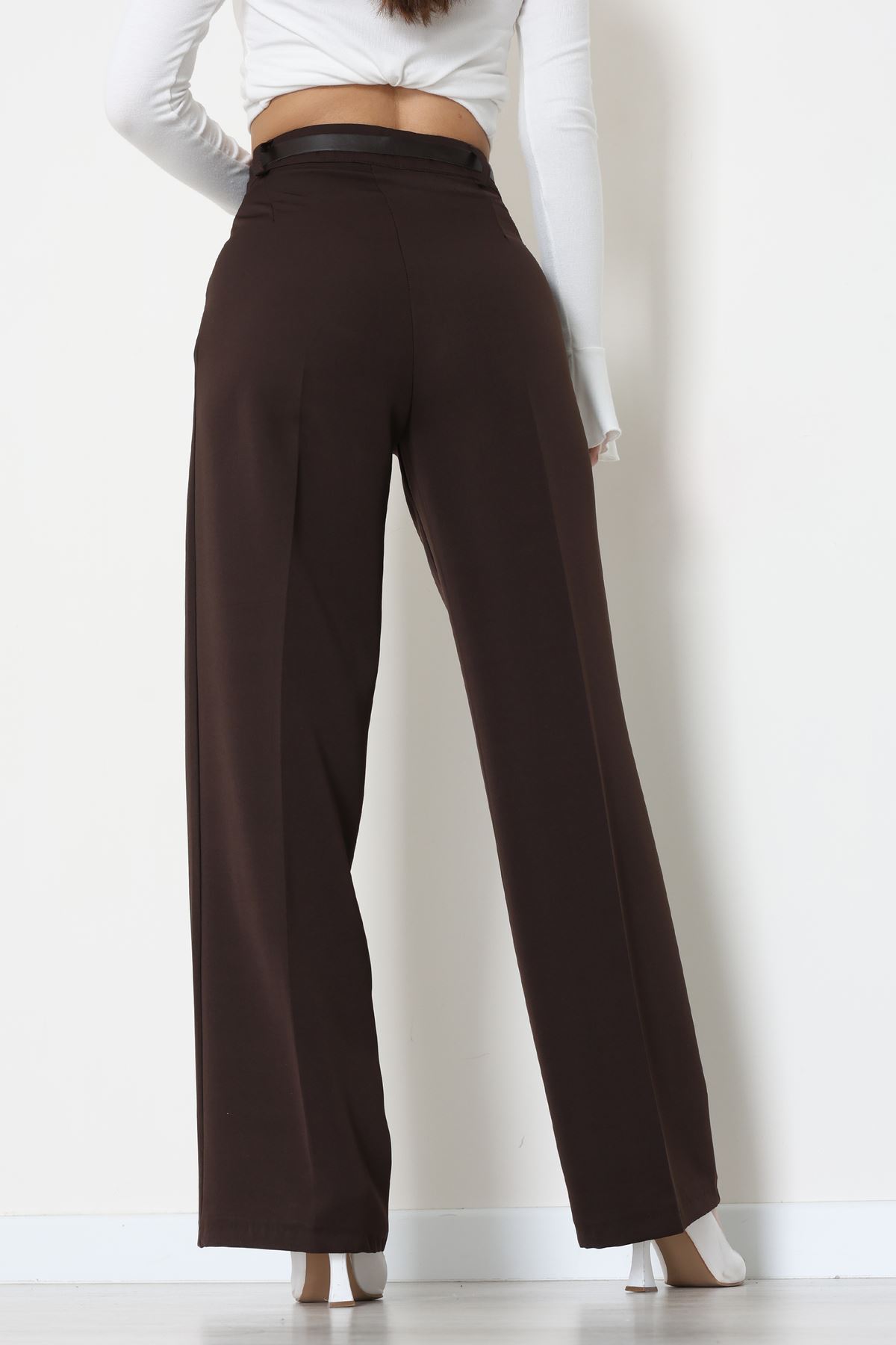 Dabıl Kumaş Kemerli Palazzo Pantolon Kahve - 51113.1920.