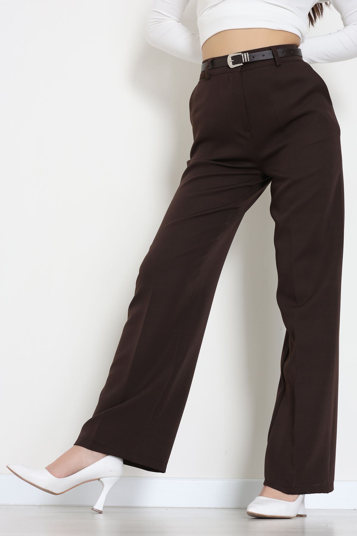 Dabıl Kumaş Kemerli Palazzo Pantolon Kahve - 51113.1920.