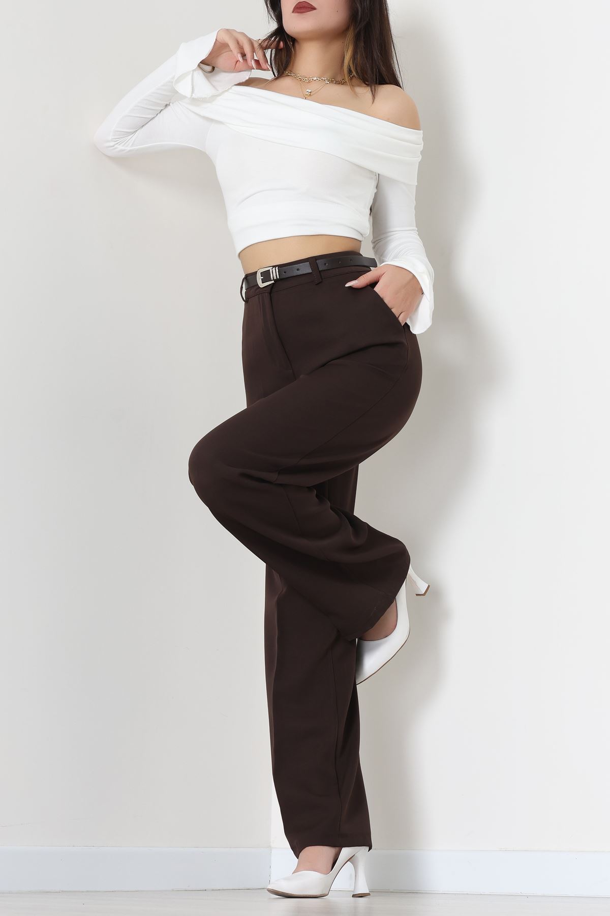 Dabıl Kumaş Kemerli Palazzo Pantolon Kahve - 51113.1920.