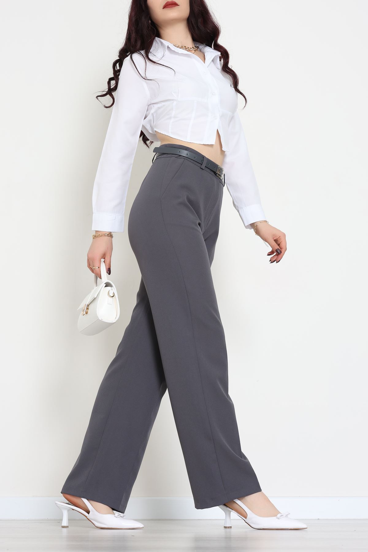 Dabıl Kumaş Kemerli Palazzo Pantolon Antrasit - 51113.1920.