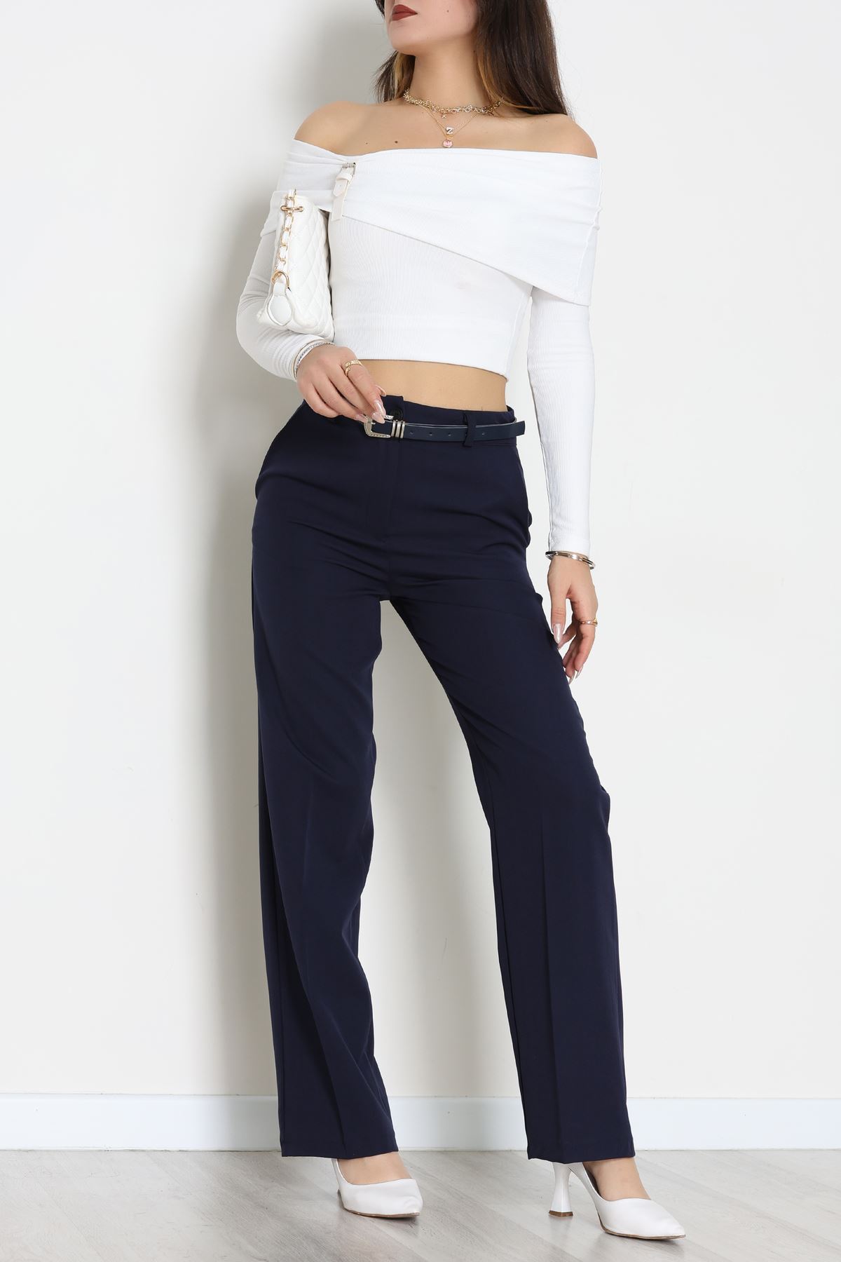 Dabıl Kumaş Kemerli Palazzo Pantolon Lacivert - 51113.1920.