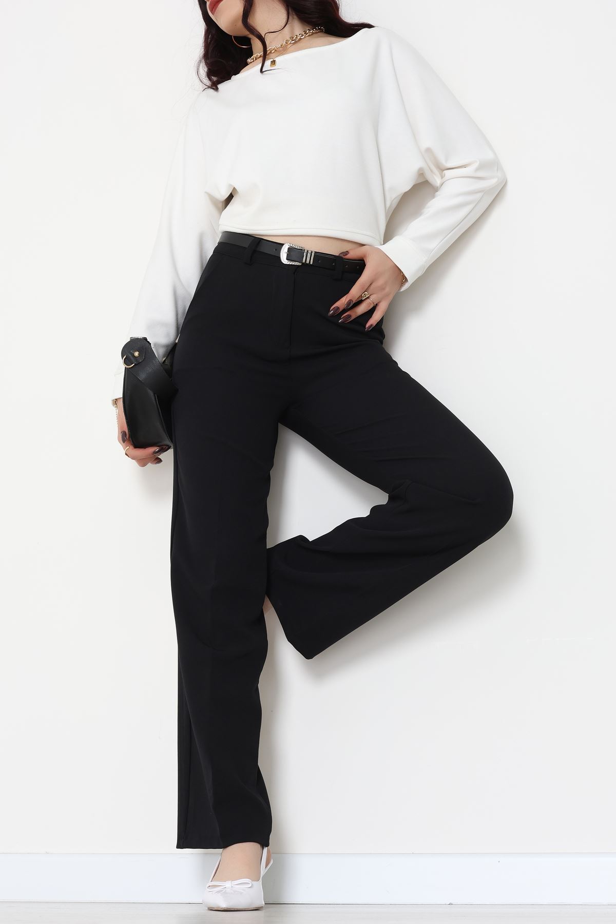 Dabıl Kumaş Kemerli Palazzo Pantolon Siyah - 51113.1920.