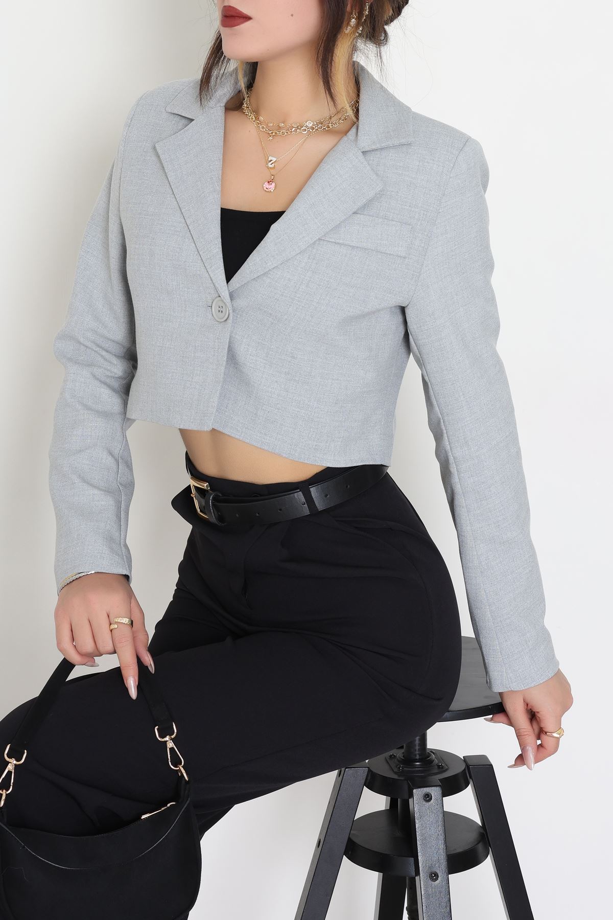 Astarlı Poliviskon Kısa Blazer Ceket Gri - 31824.1397.