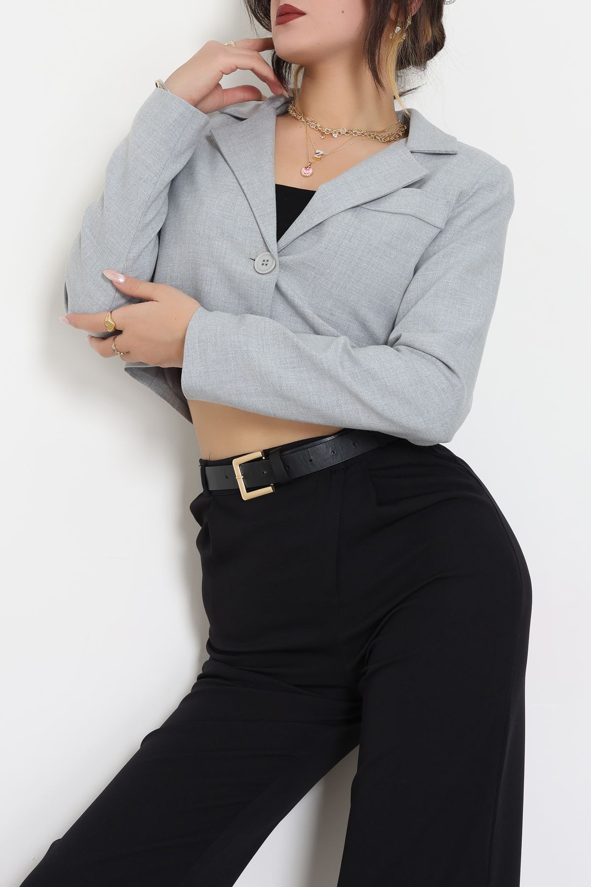 Astarlı Poliviskon Kısa Blazer Ceket Gri - 31824.1397.