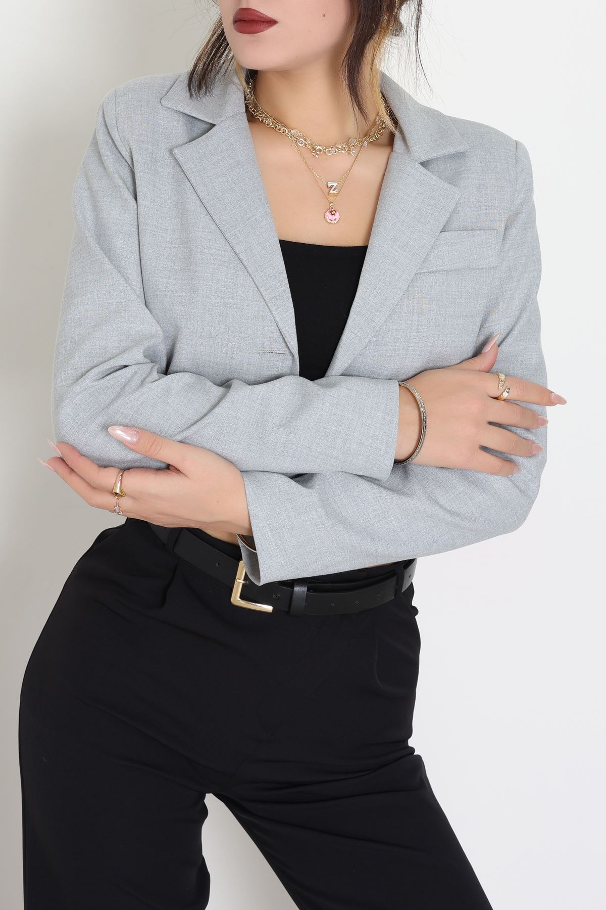 Astarlı Poliviskon Kısa Blazer Ceket Gri - 31824.1397.