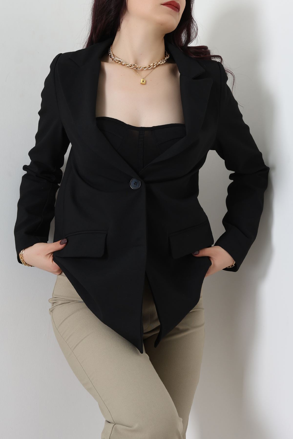 Astarlı Poliviskon Blazer Ceket Siyah - 31823.1397.