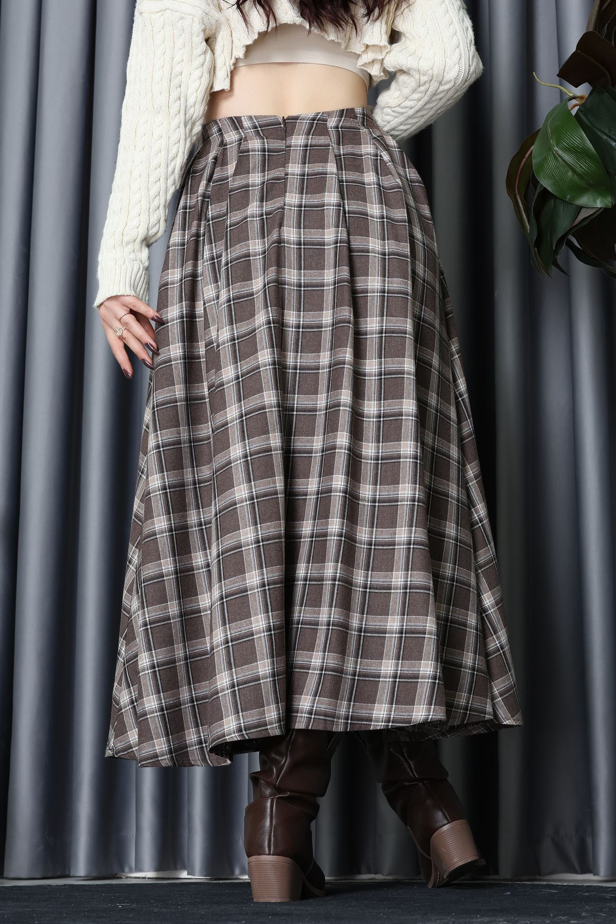 Beli Pileli Ekose Etek Kahve - 51257.1909.