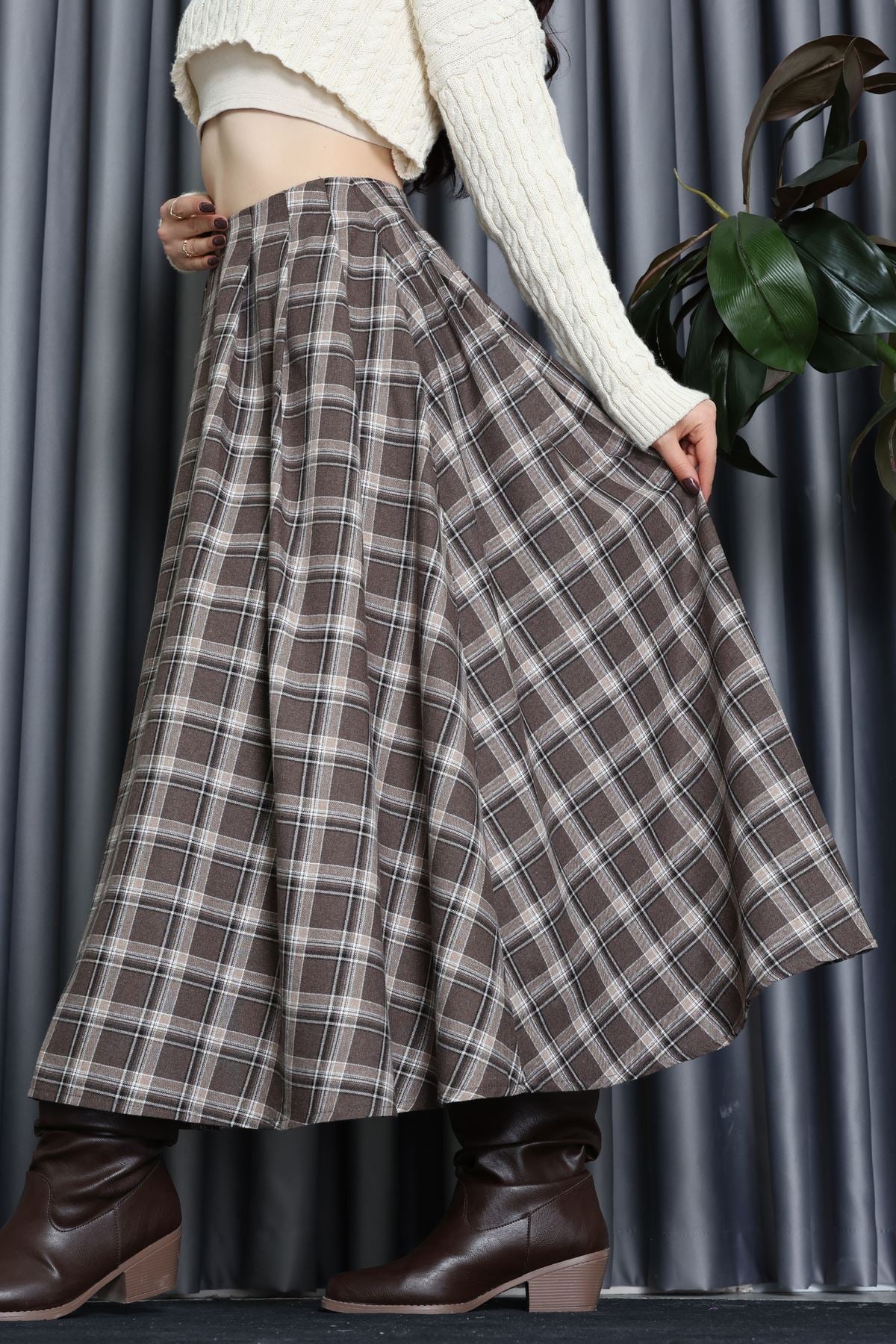 Beli Pileli Ekose Etek Kahve - 51257.1909.