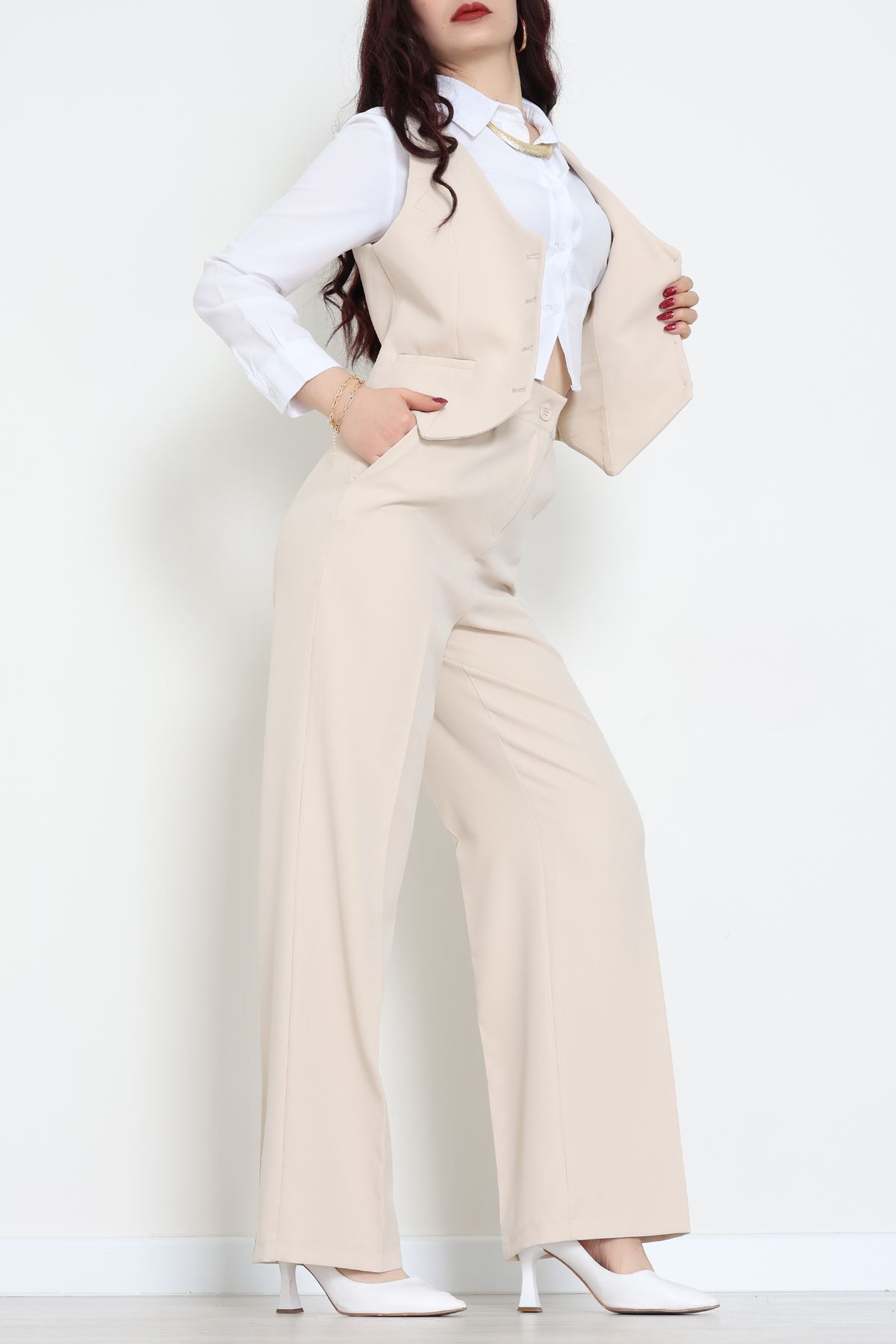 Dabıl Kumaş Fleto Cep Yelek Pantolon İkili Takım Bej - 70878.1991.