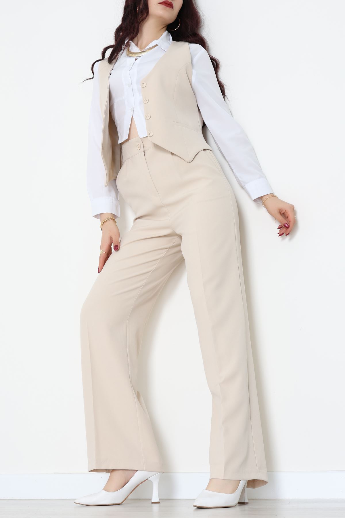 Dabıl Kumaş Fleto Cep Yelek Pantolon İkili Takım Bej - 70878.1991.