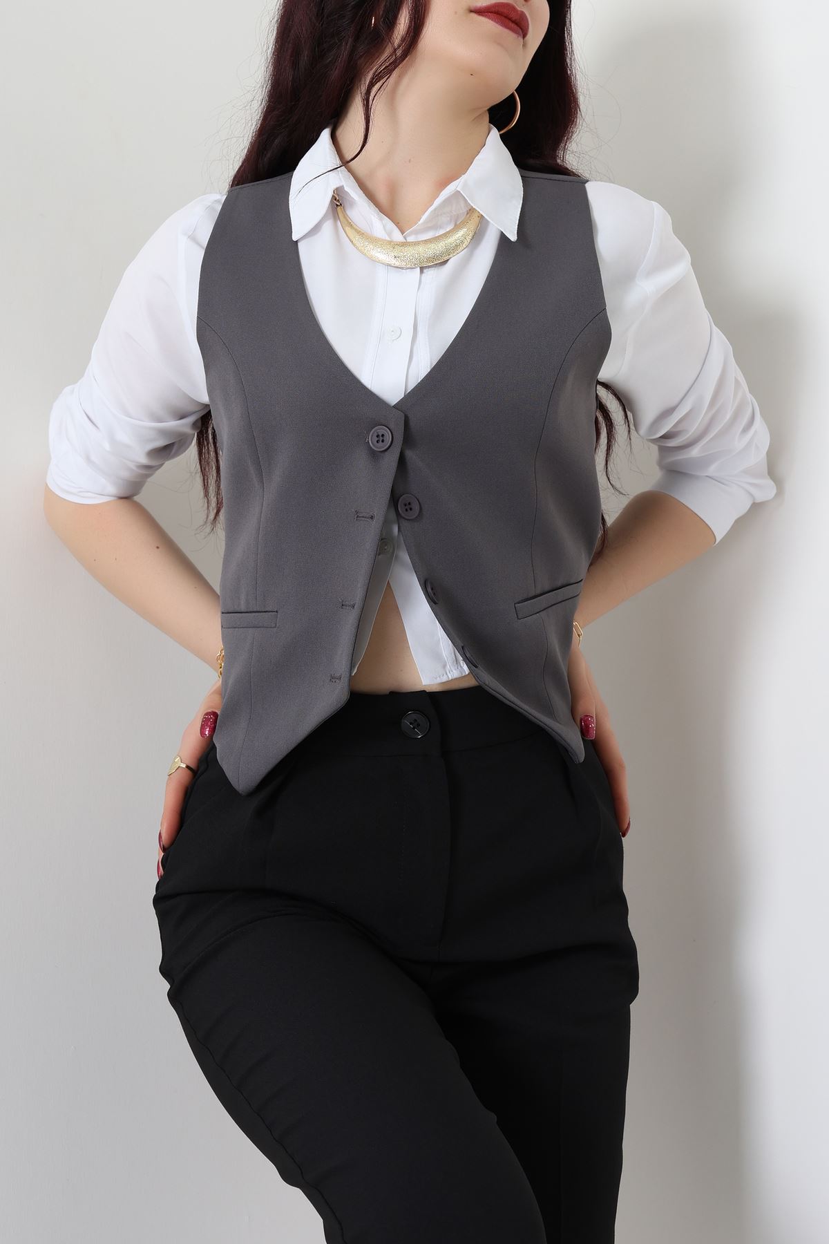 Dabıl Kumaş Fleto Cepli Astarlı Yelek Antrasit - 51230.1991.