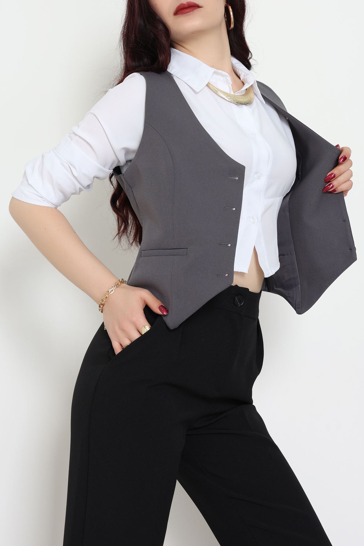 Dabıl Kumaş Fleto Cepli Astarlı Yelek Antrasit - 51230.1991.