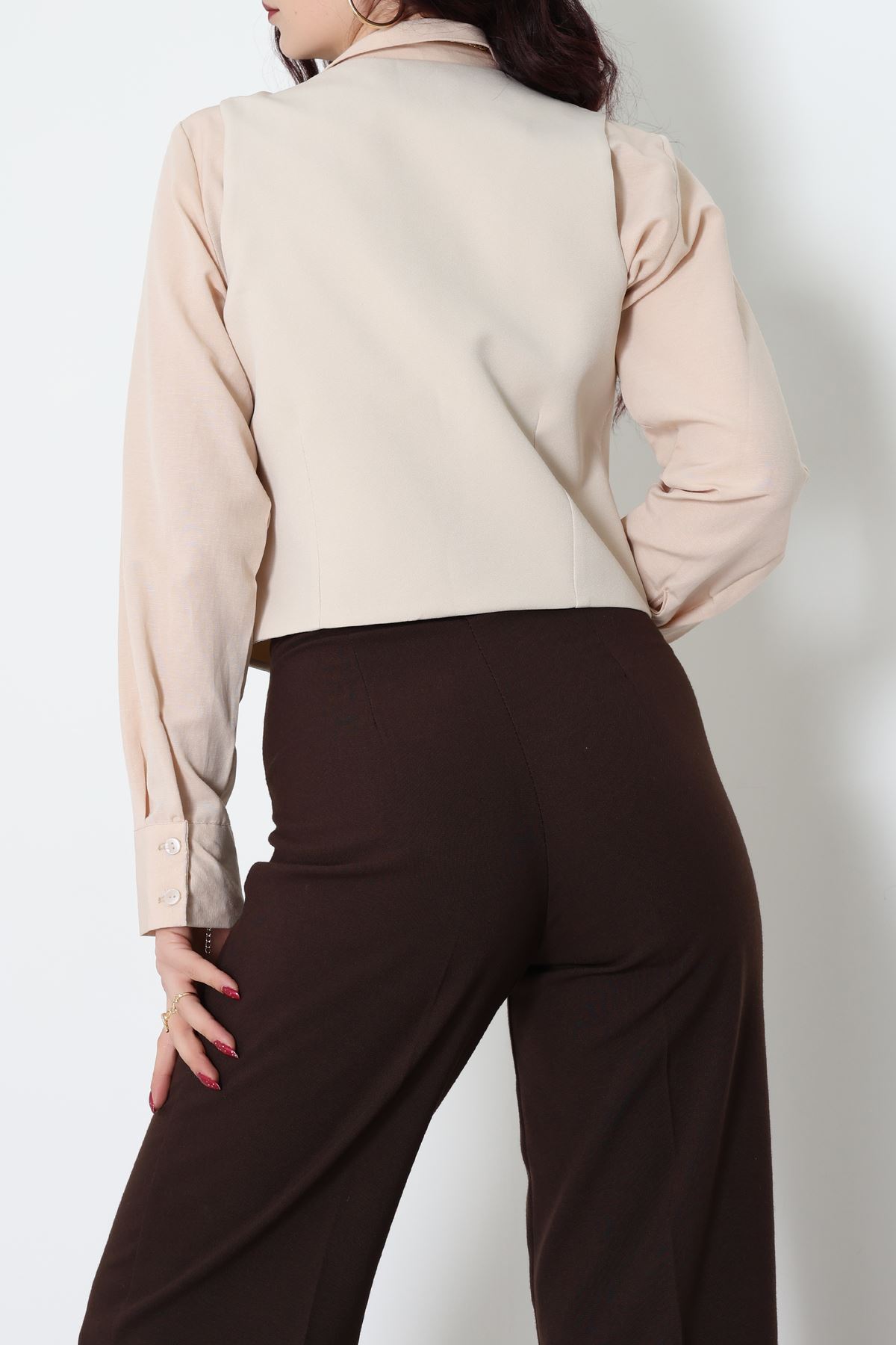 Dabıl Kumaş Fleto Cepli Astarlı Yelek Bej - 51230.1991.