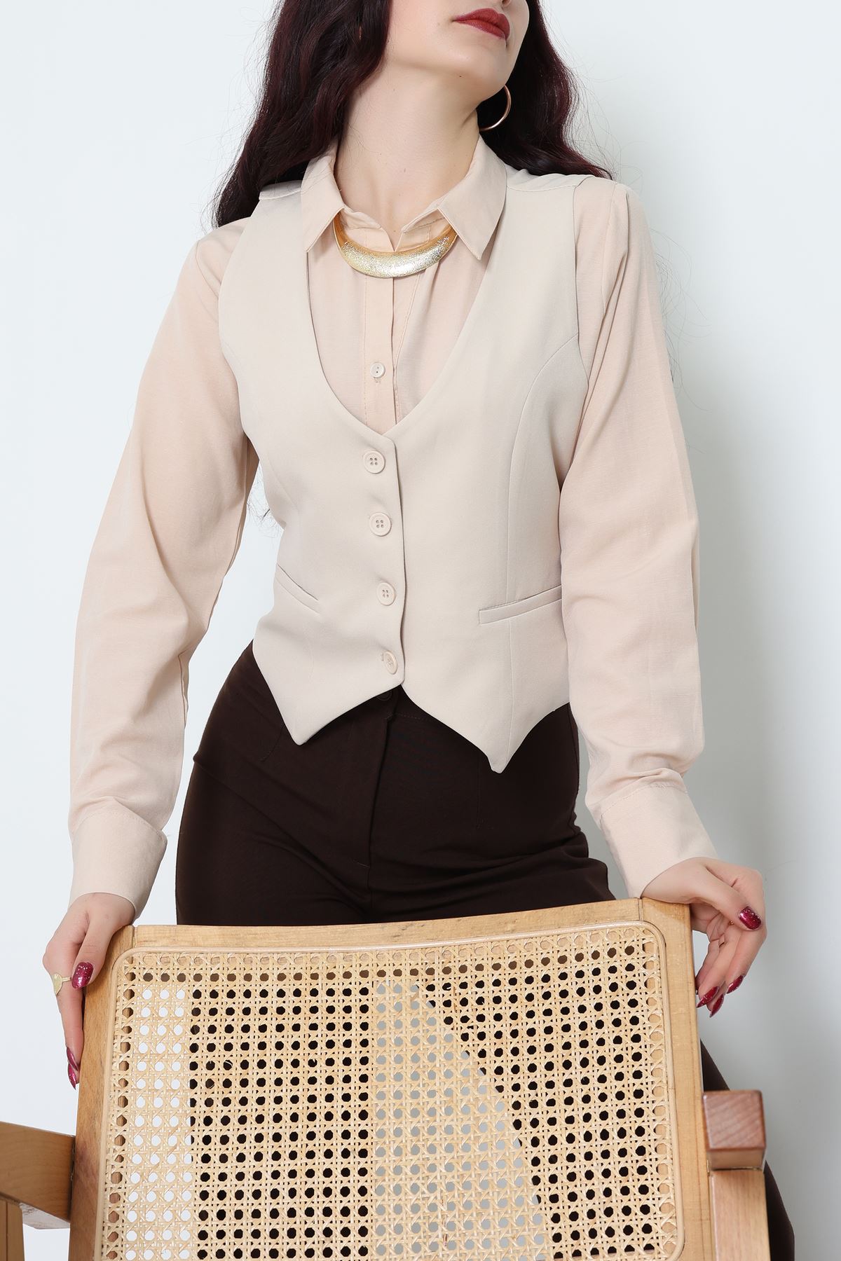 Dabıl Kumaş Fleto Cepli Astarlı Yelek Bej - 51230.1991.