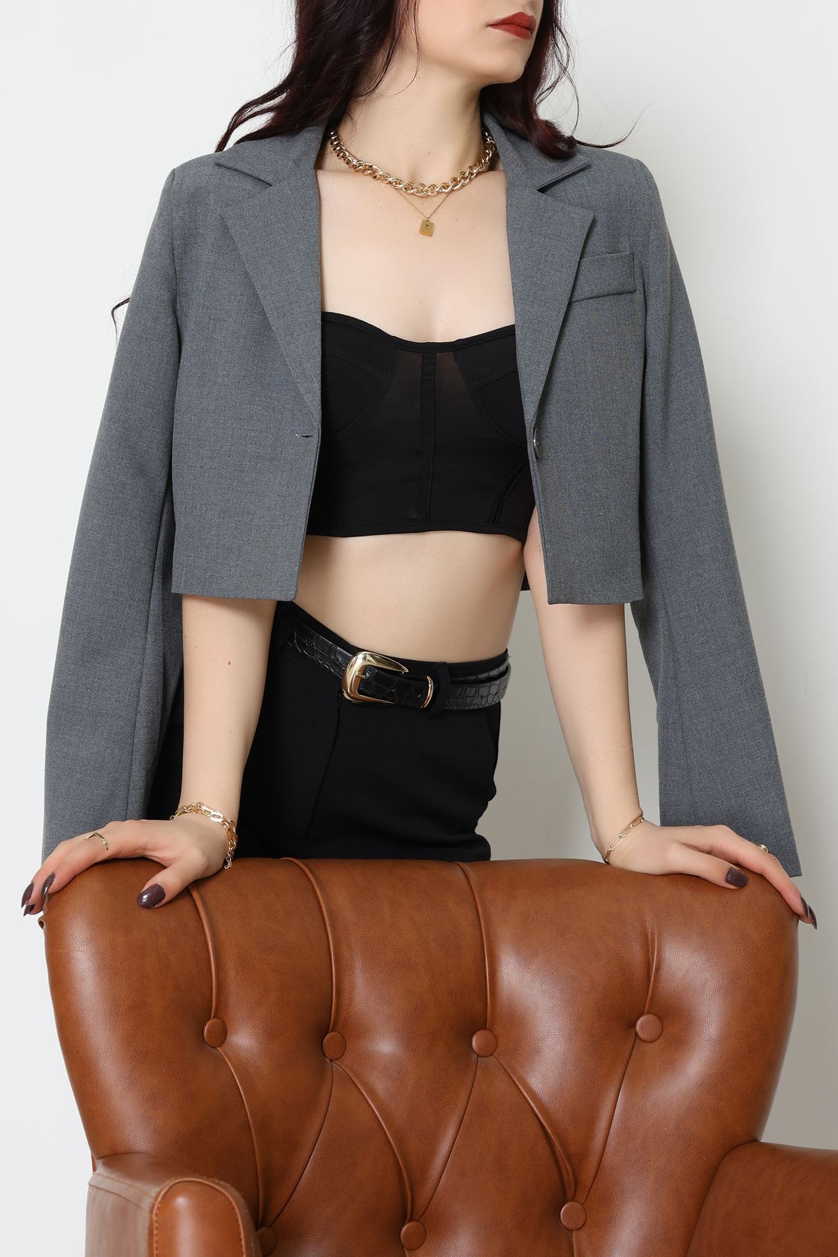 Astarlı Poliviskon Kısa Blazer Ceket Antrasit - 31824.1397.