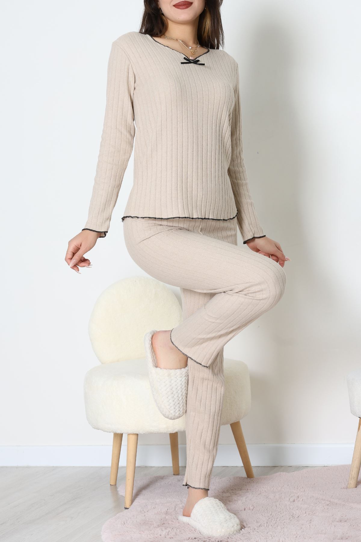 Fitilli İnterlok Pijama Takımı Koyubej - 70796.1048.