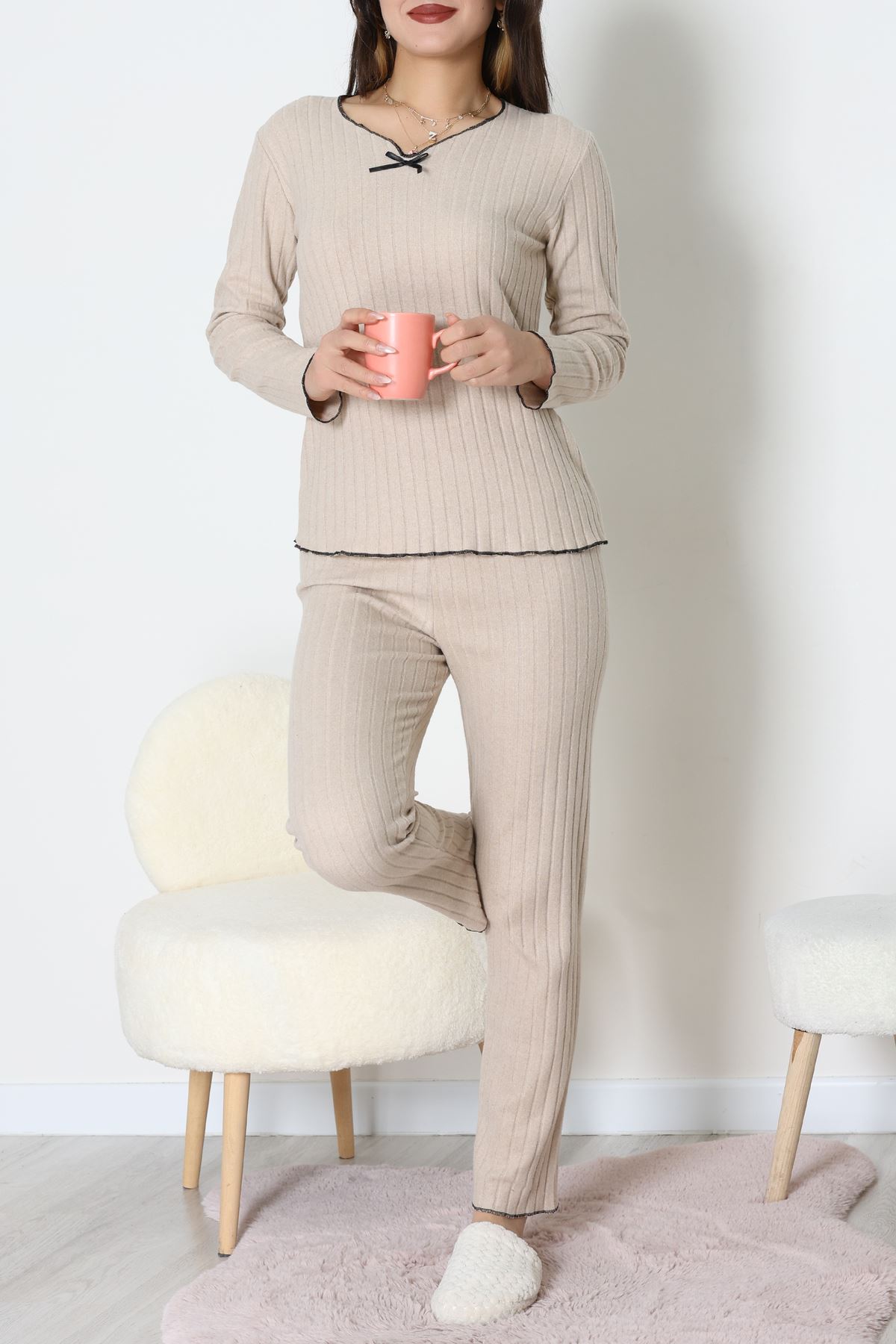 Fitilli İnterlok Pijama Takımı Koyubej - 70796.1048.