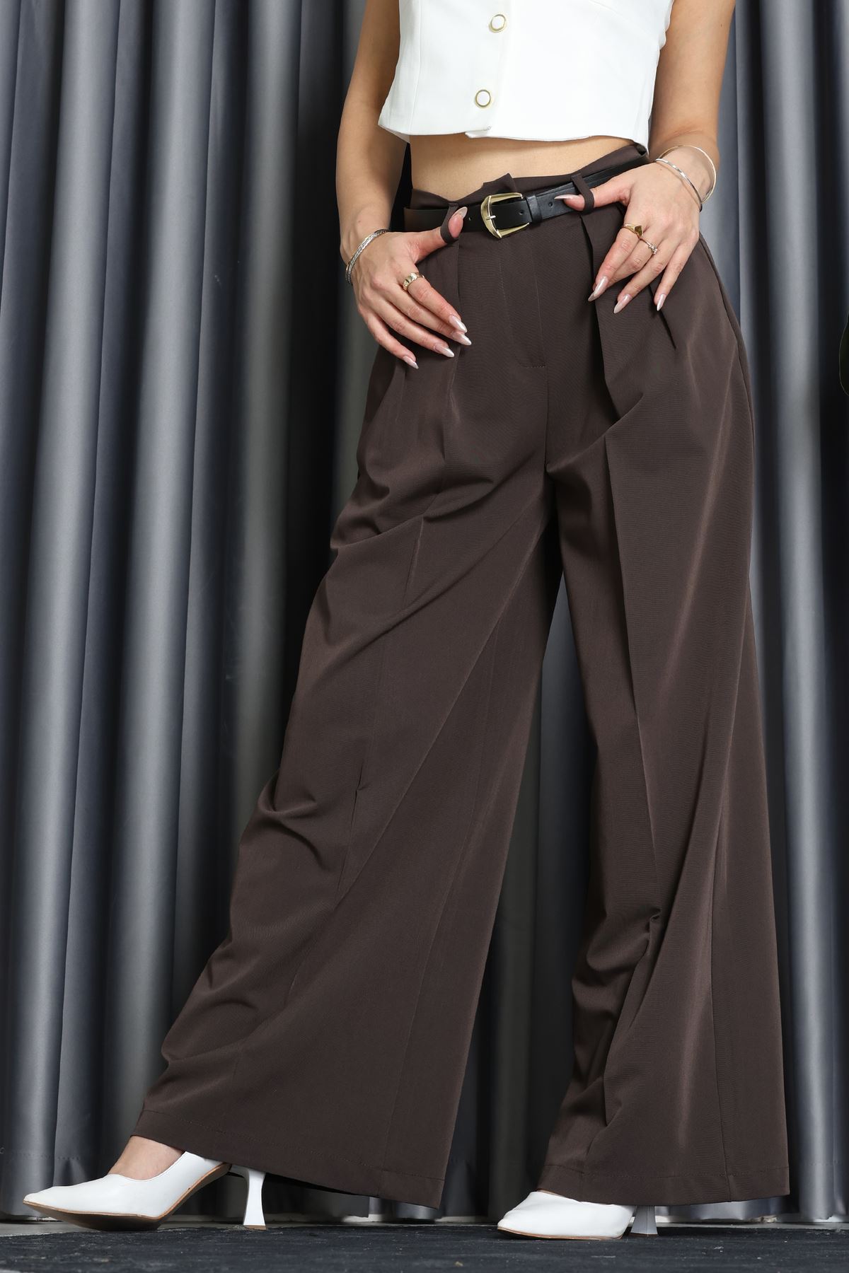 Kemerli Pileli Pantolon Kestane - 51070.1995.