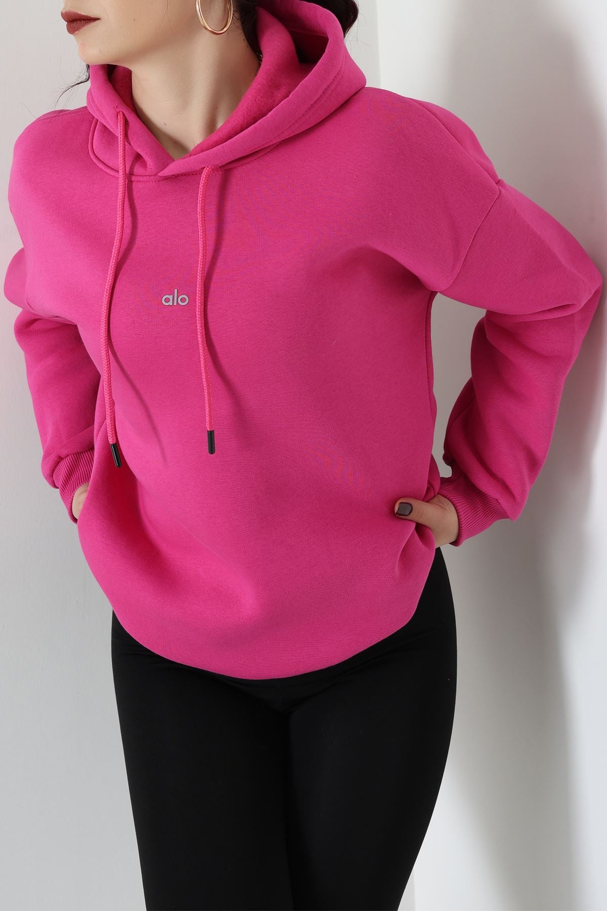 3 İplik Kapşonlu Baskılı Sweat Fuşya - 42232.1878.