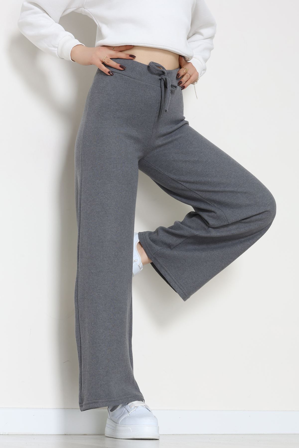 Selanik Kumaş Bel Lastikli Palazzo Pantolon Antrasit - 51228.1567.