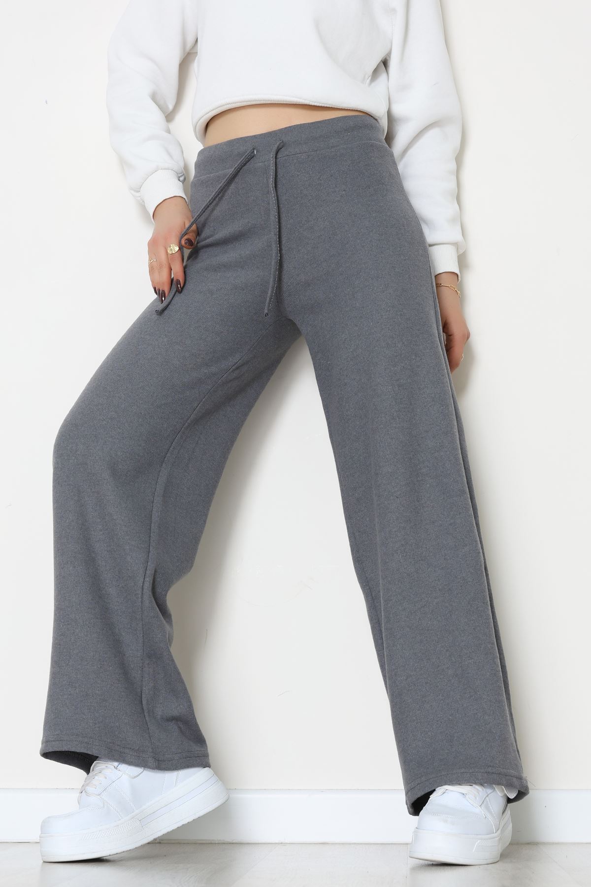 Selanik Kumaş Bel Lastikli Palazzo Pantolon Antrasit - 51228.1567.