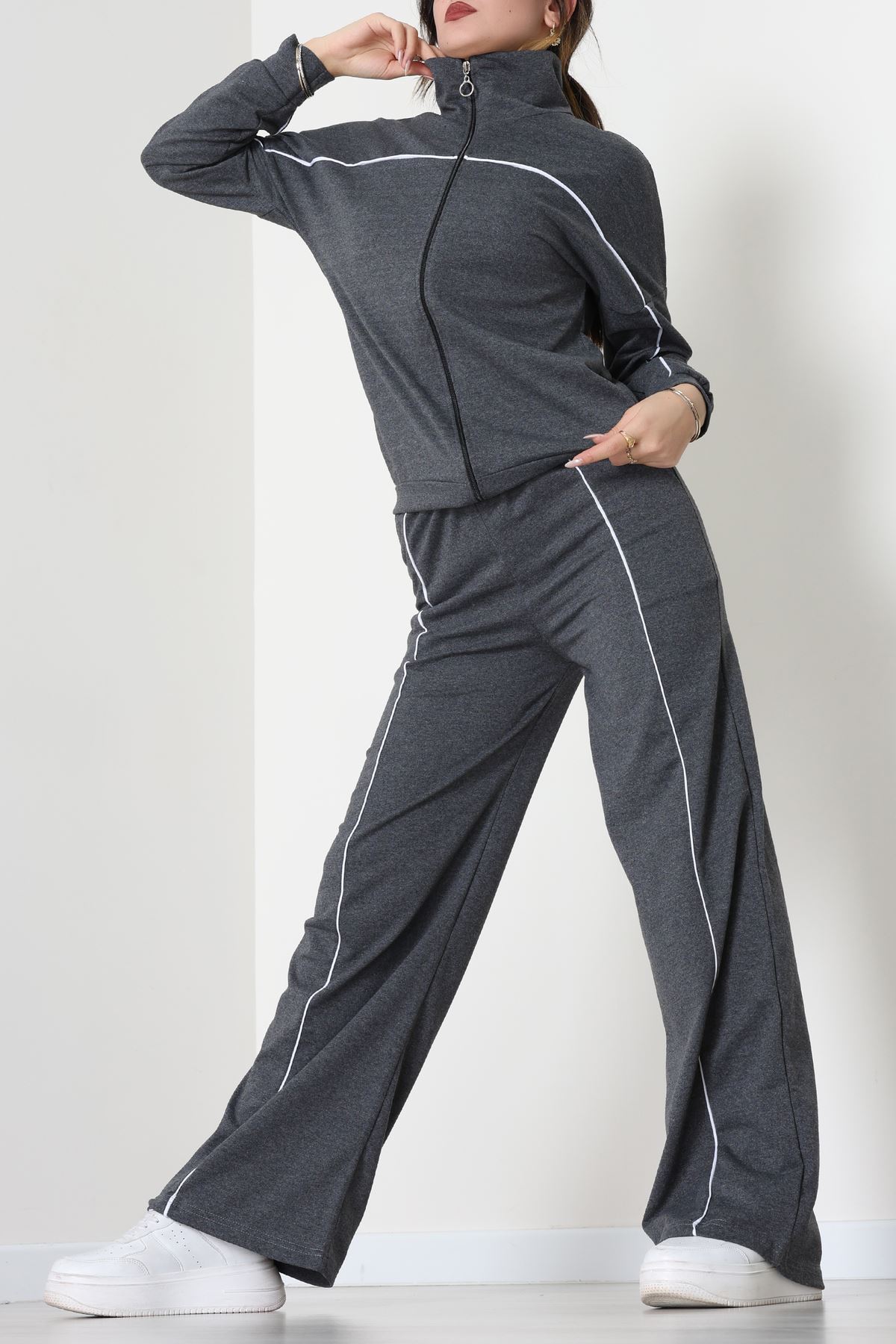 Biyeli Dik Yaka 2 İplik Eşofman Takımı Füme - 40030.1857.