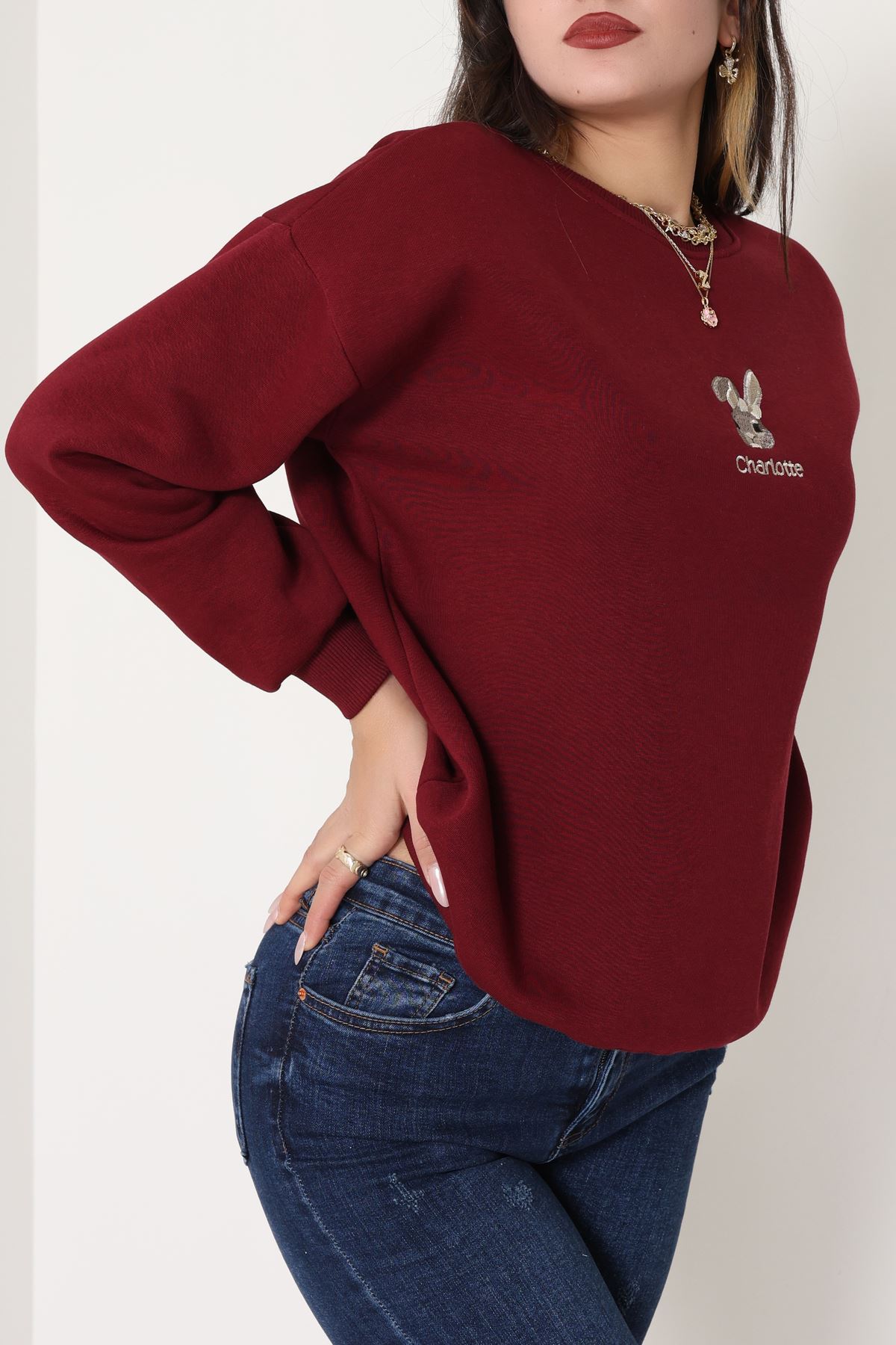 3 İplik Şardonlu Nakışlı Sweat Bordo - 42608.1878.