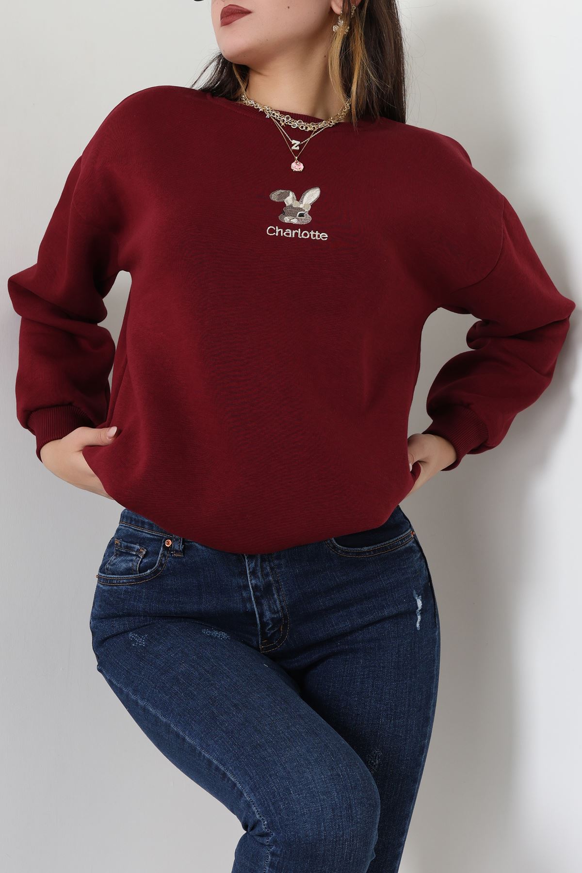 3 İplik Şardonlu Nakışlı Sweat Bordo - 42608.1878.
