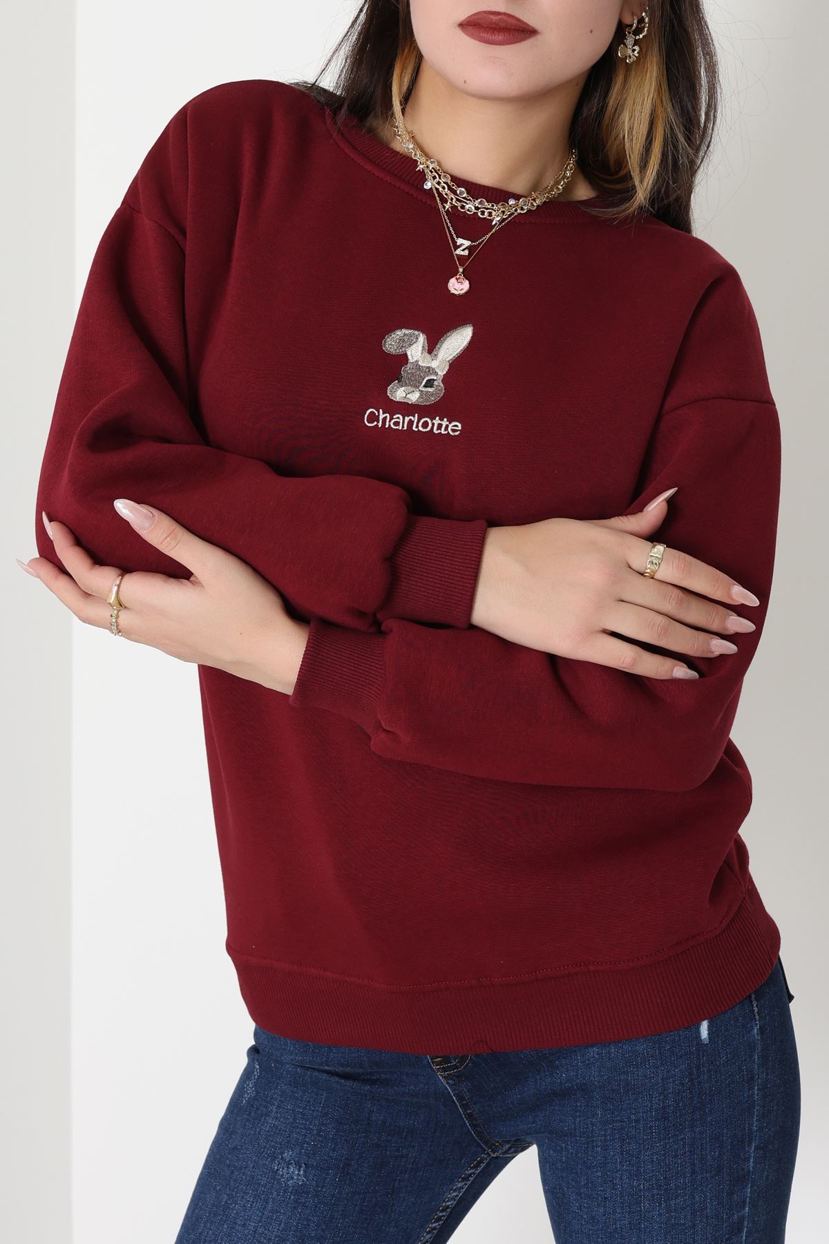 3 İplik Şardonlu Nakışlı Sweat Bordo - 42608.1878.