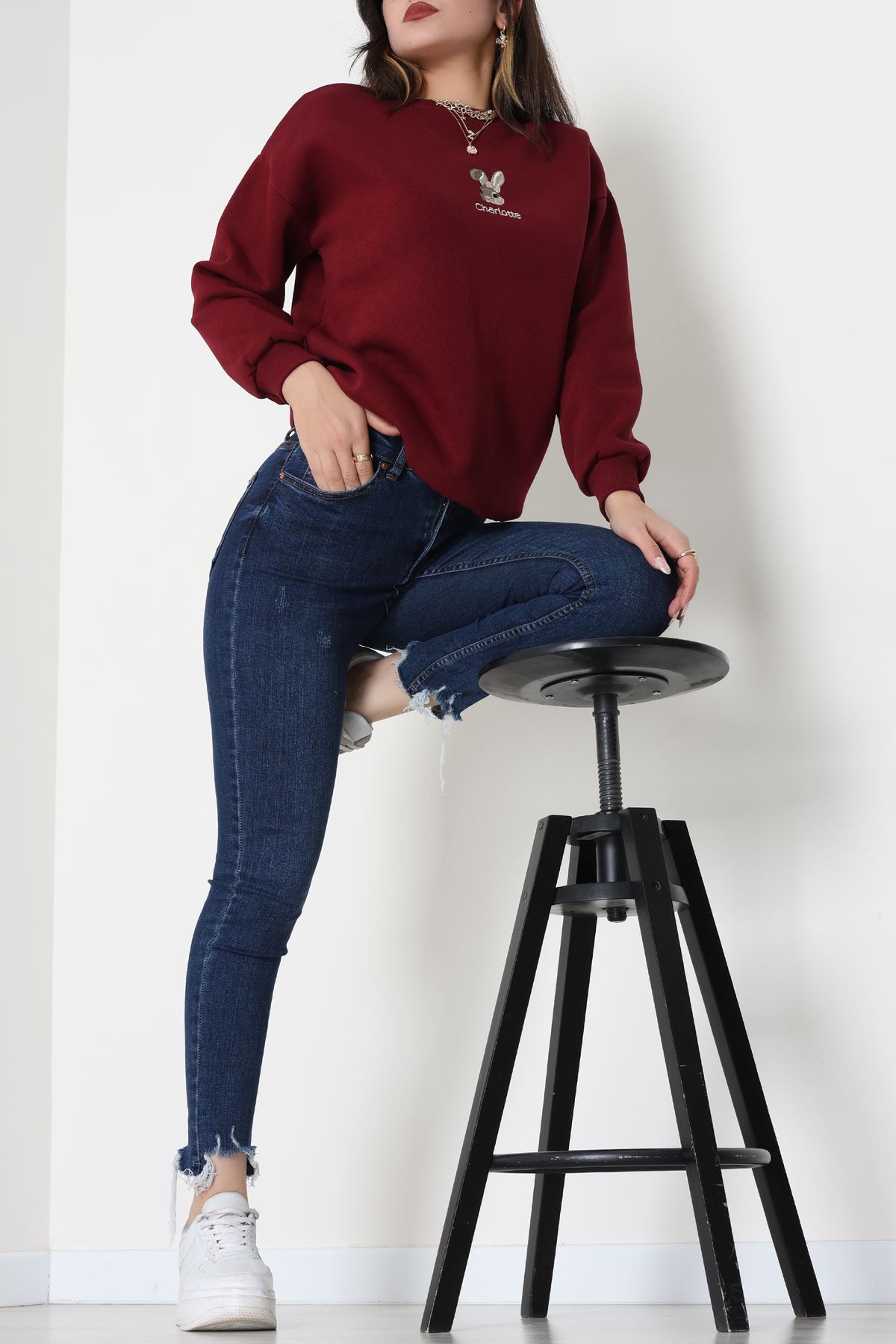 3 İplik Şardonlu Nakışlı Sweat Bordo - 42608.1878.